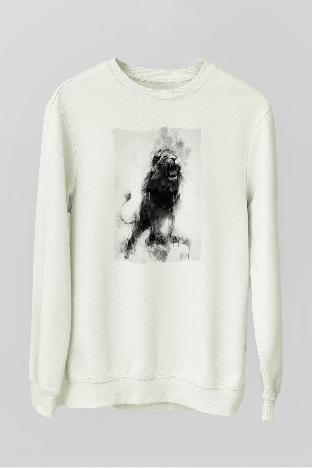 Kükreyen Aslan Baskılı Unisex Beyaz  Sweatshirt