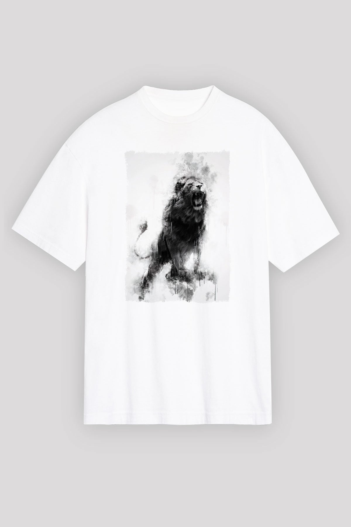 Kükreyen Aslan Baskılı Unisex Beyaz Tişört