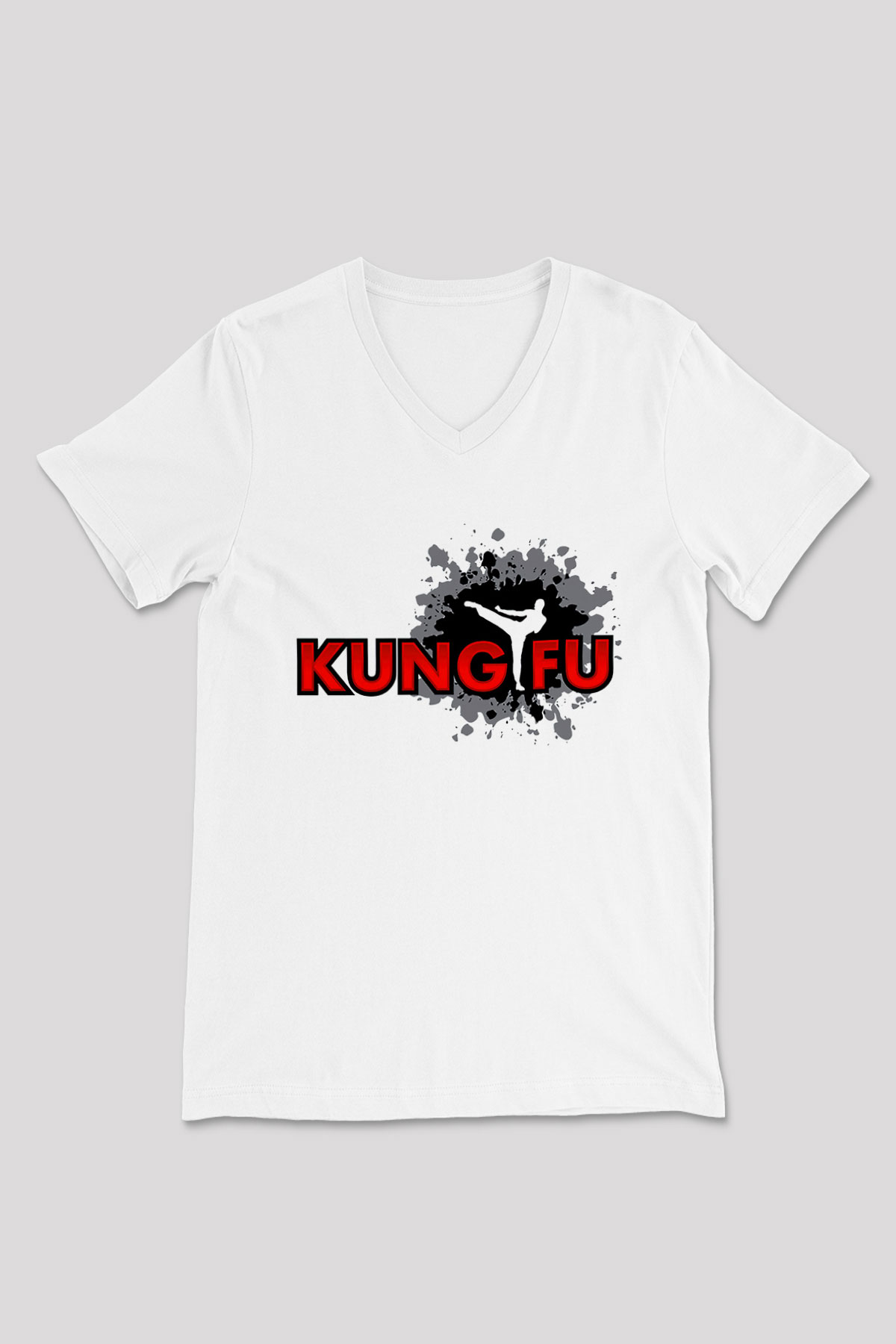 Kung Fu Beyaz Unisex V Yaka Tişört T-Shirt