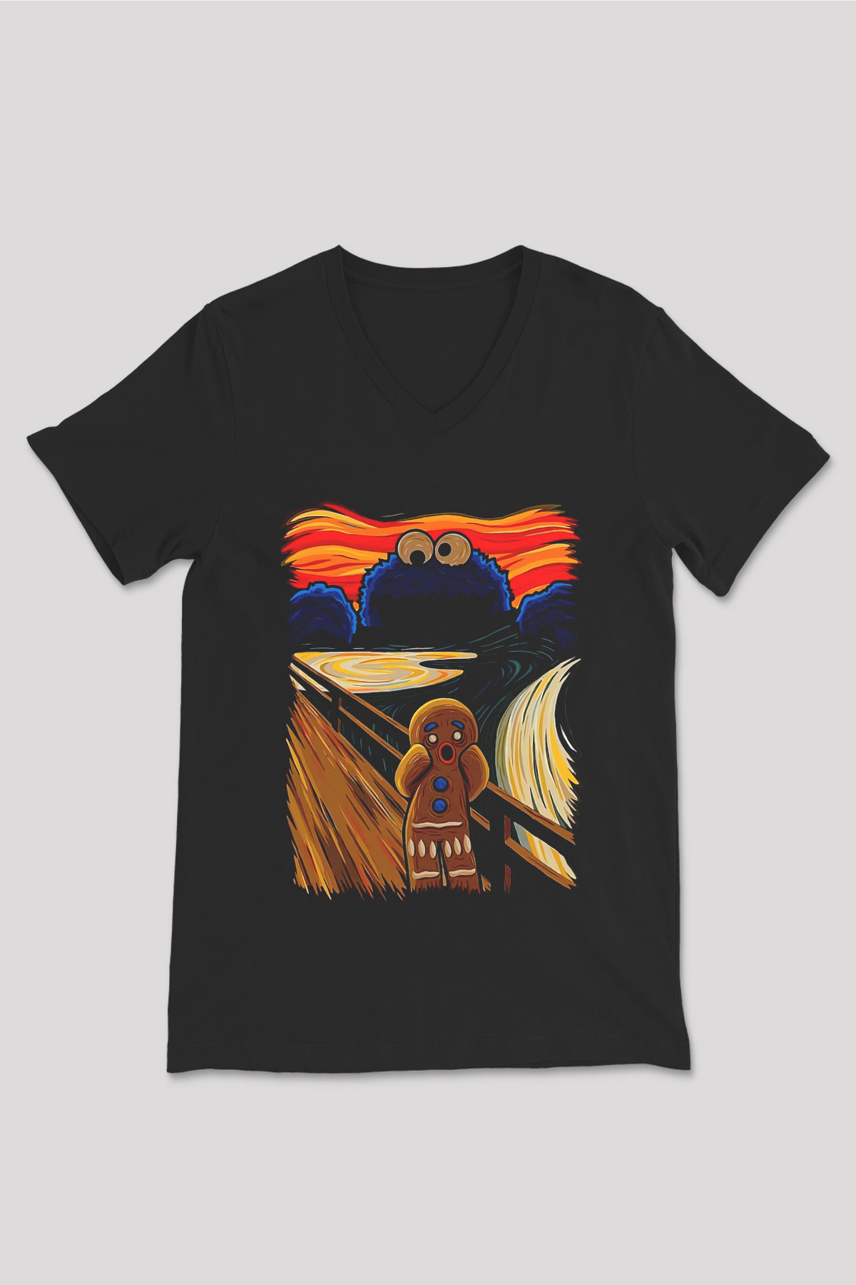 Kurabiye Canavarı Baskılı Unisex Siyah  V Yaka Tişört