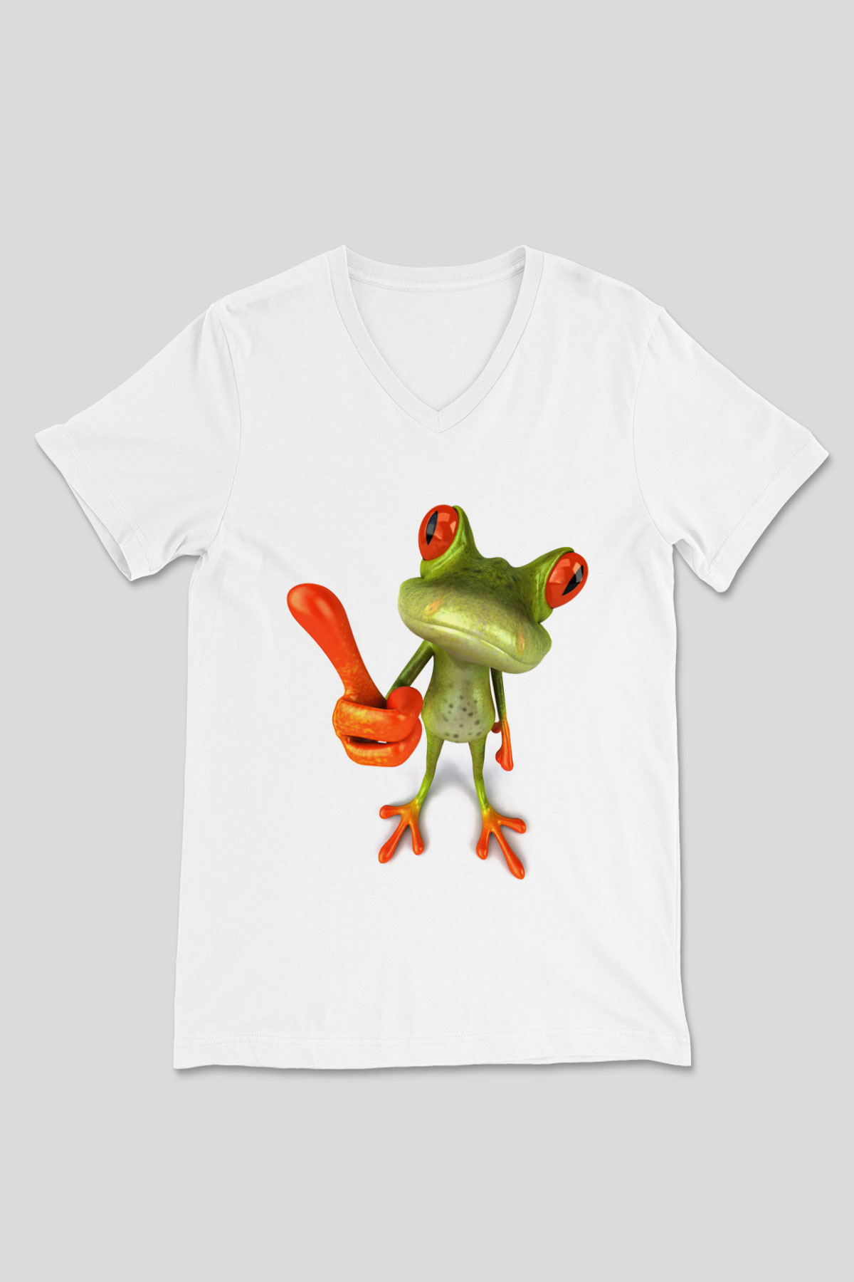 Kurbağa Beyaz Unisex V Yaka Tişört T-Shirt