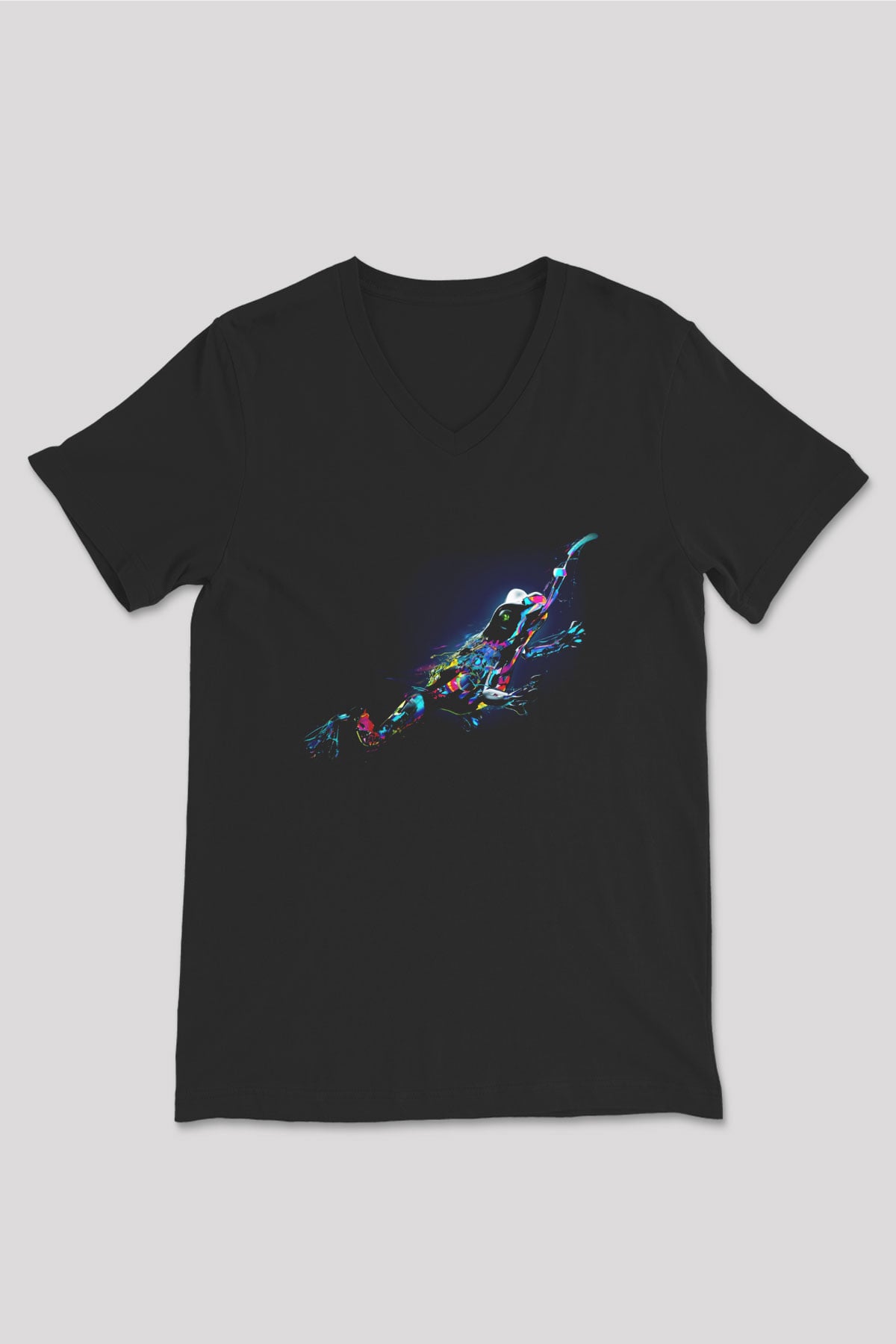 Kurbağa Siyah Unisex V Yaka Tişört T-Shirt