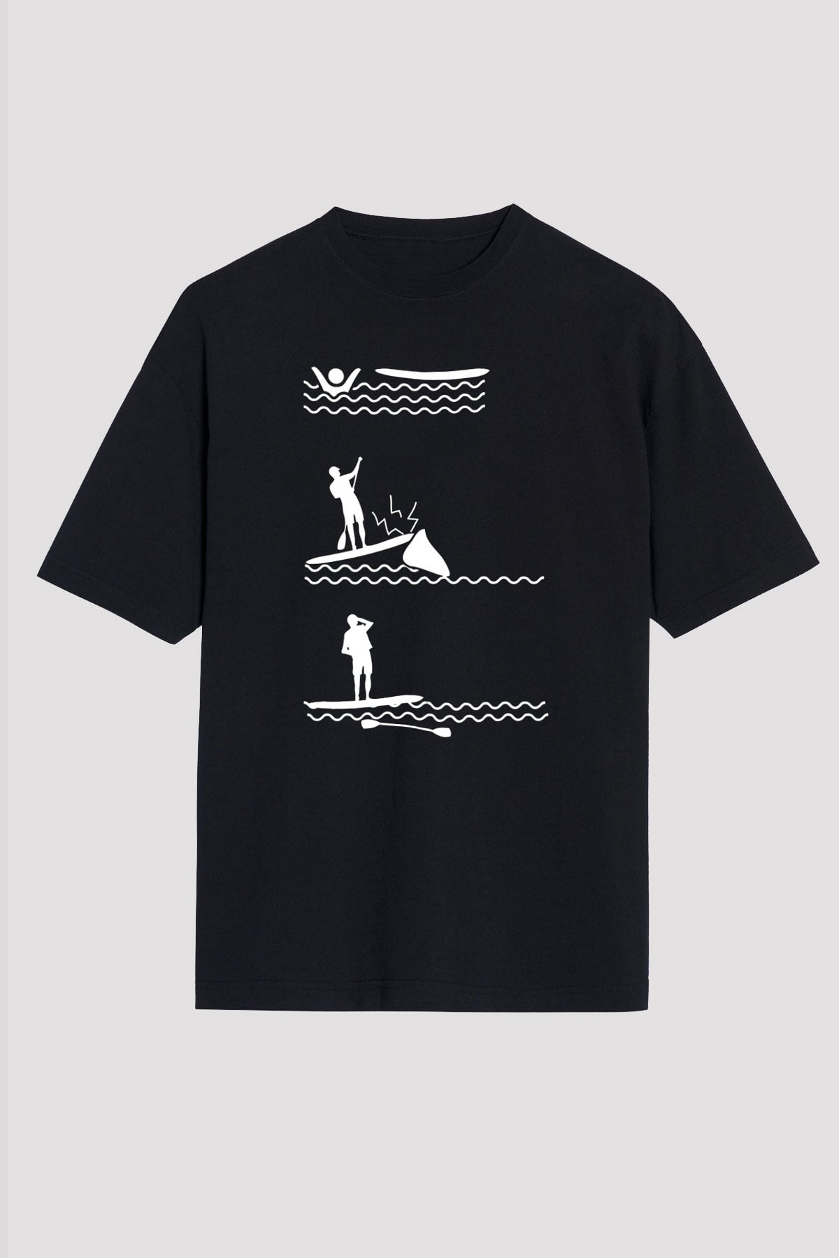 Kürek - Paddle Boarding Baskılı Unisex Siyah Oversize Tişört