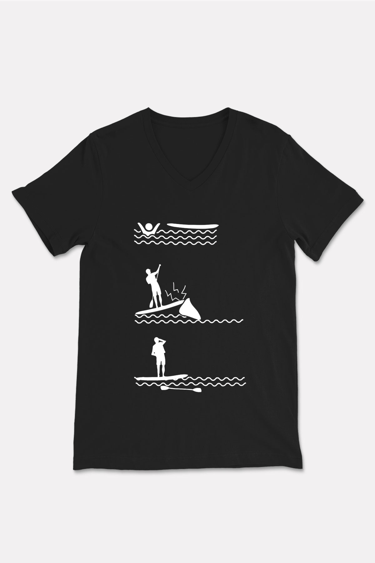 Kürek - Paddle Boarding Baskılı Unisex Siyah V Yaka Tişört