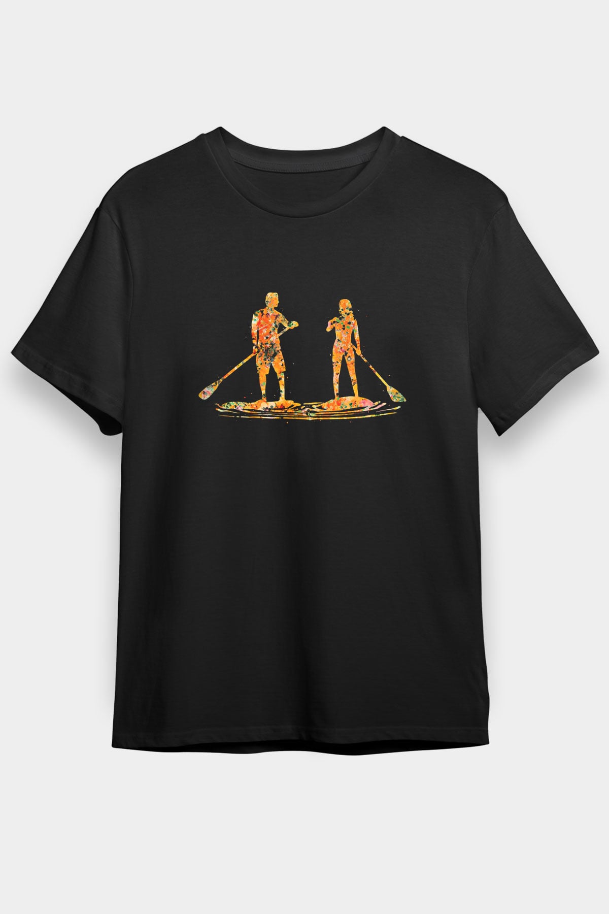 Kürek - Paddle Boarding Baskılı Unisex Siyah Tişört - Tshirt
