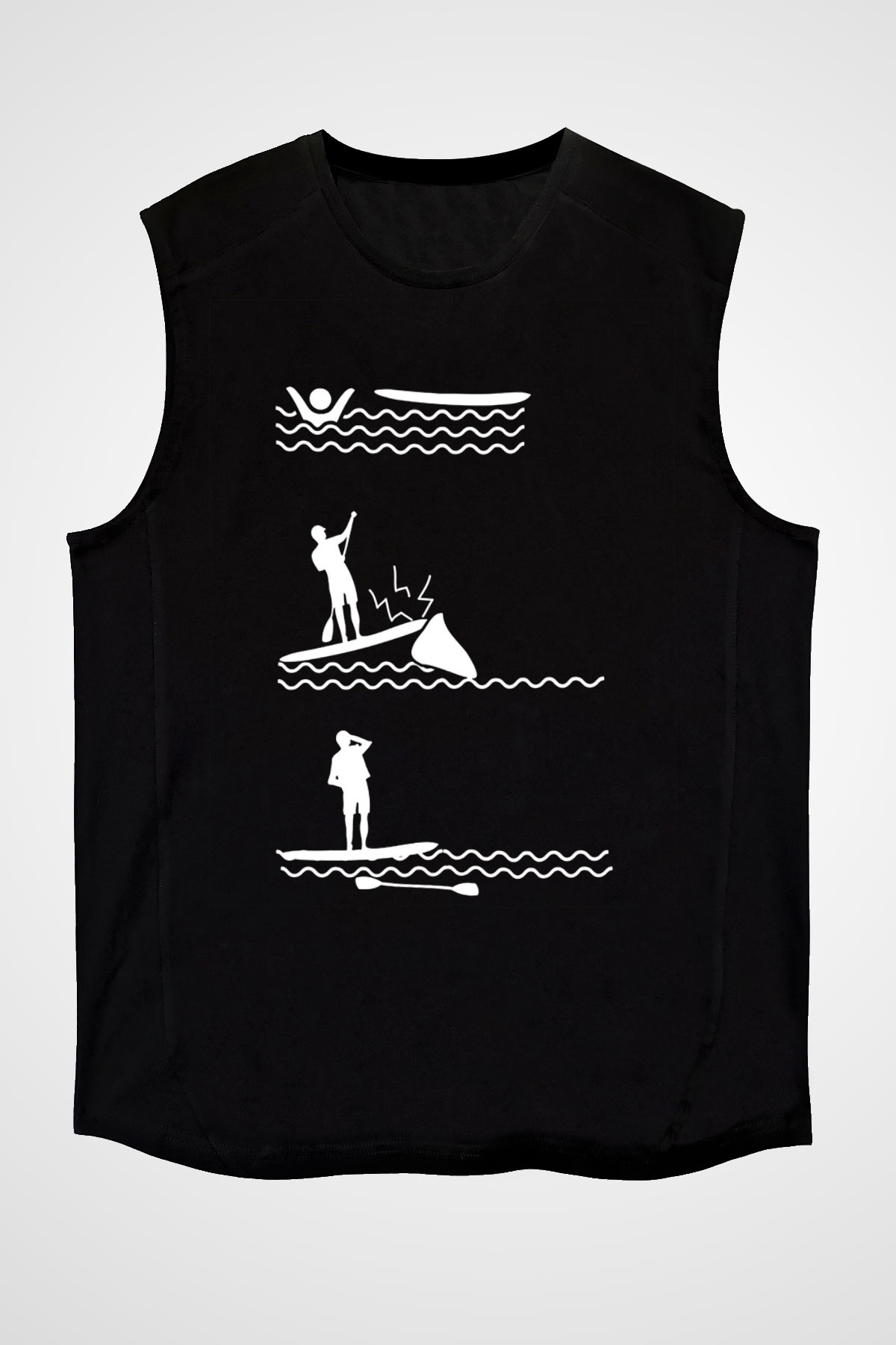 Kürek - Paddle Boarding Baskılı Unisex Siyah Kolsuz Tişört