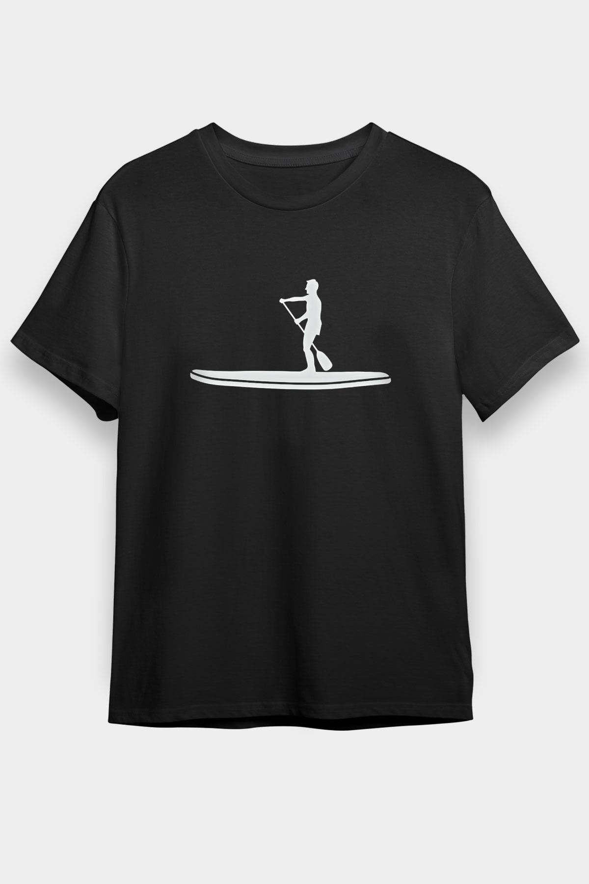 Kürek - Paddle Boarding Baskılı Unisex Siyah Tişört - Tshirt
