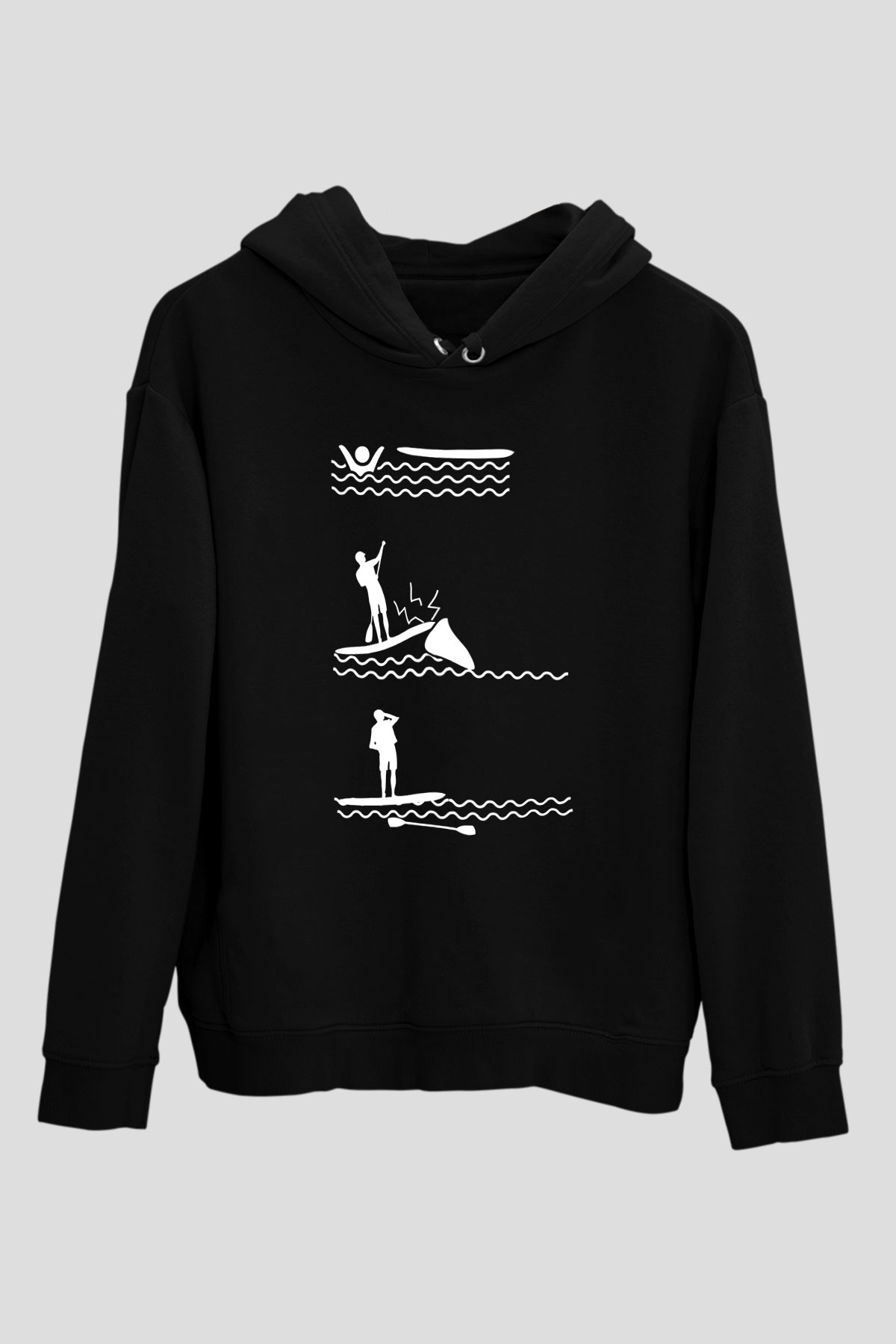 Kürek - Paddle Boarding Baskılı Unisex Siyah Kapüşonlu Sweatshirt