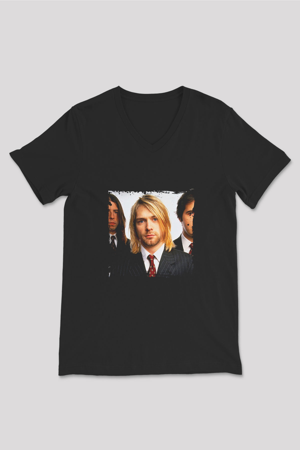 Kurt Cobain Baskılı Unisex Siyah V Yaka Tişört