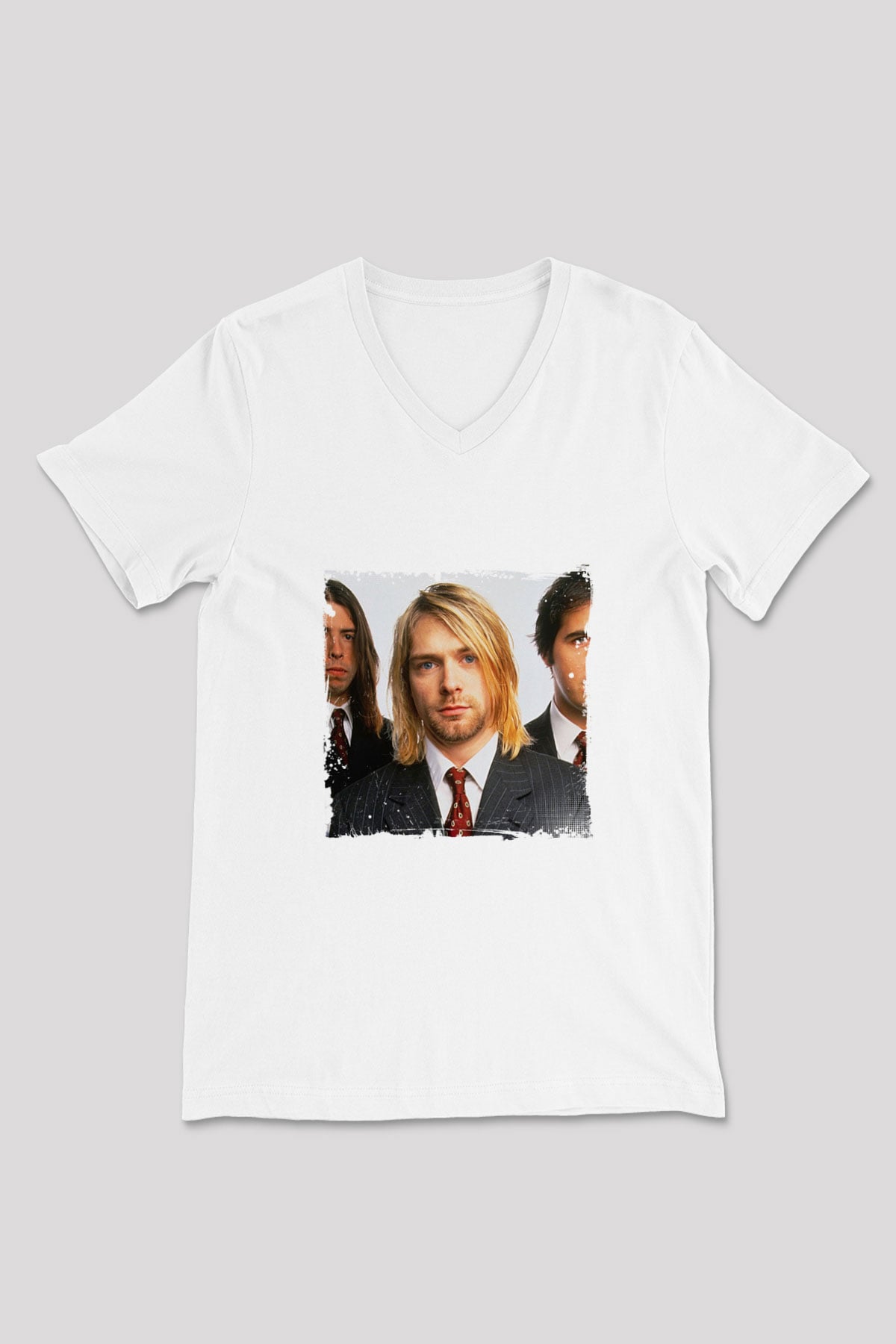 Kurt Cobain Baskılı V Yaka Unisex Beyaz Tişört