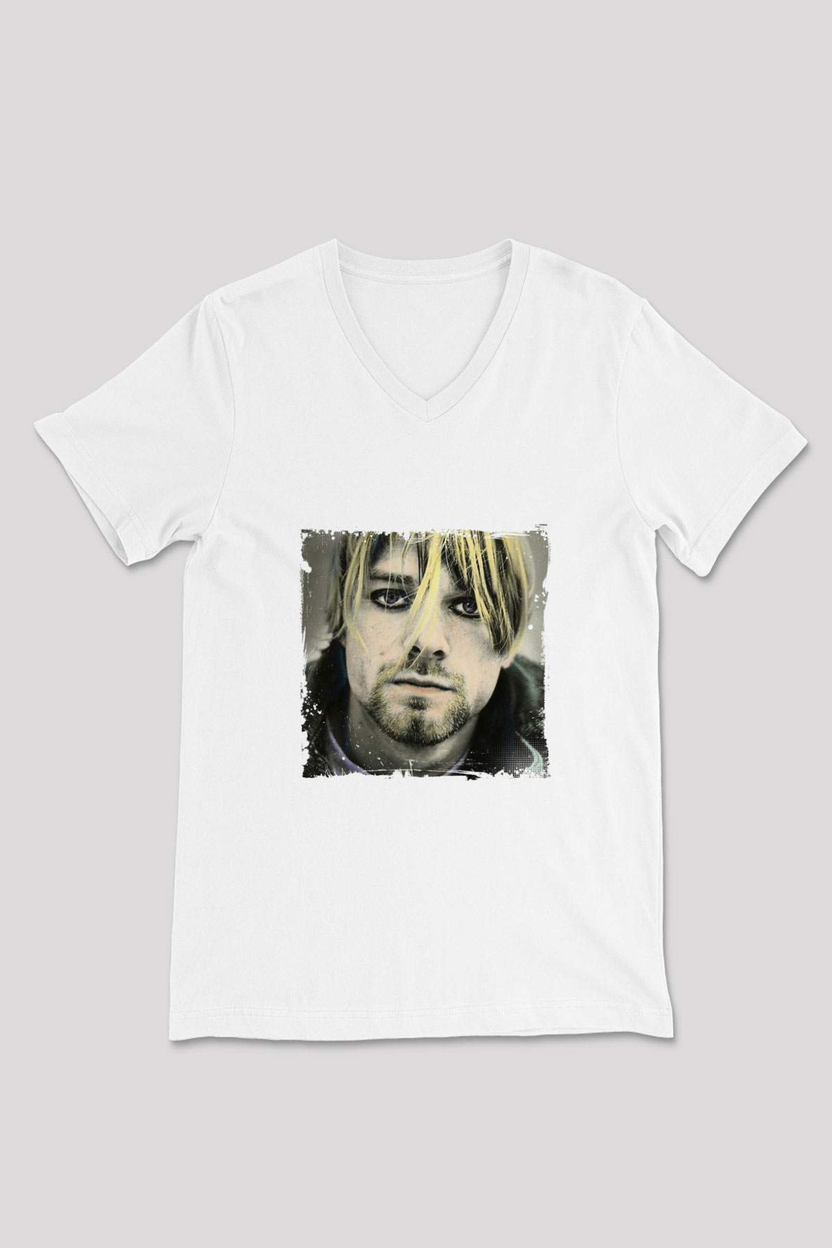 Kurt Cobain Baskılı V Yaka Unisex Beyaz Tişört