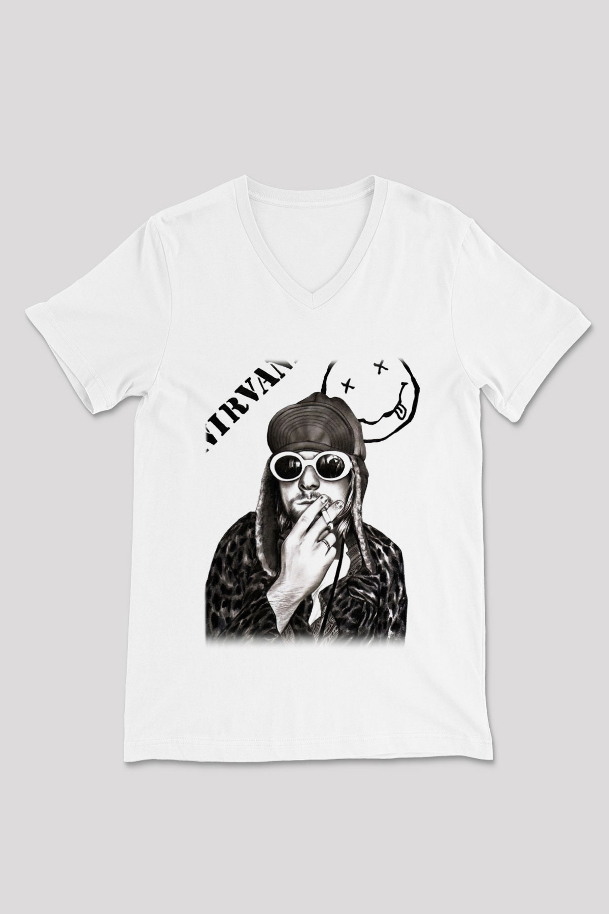 Kurt Cobain Beyaz Unisex V Yaka Tişört T-Shirt