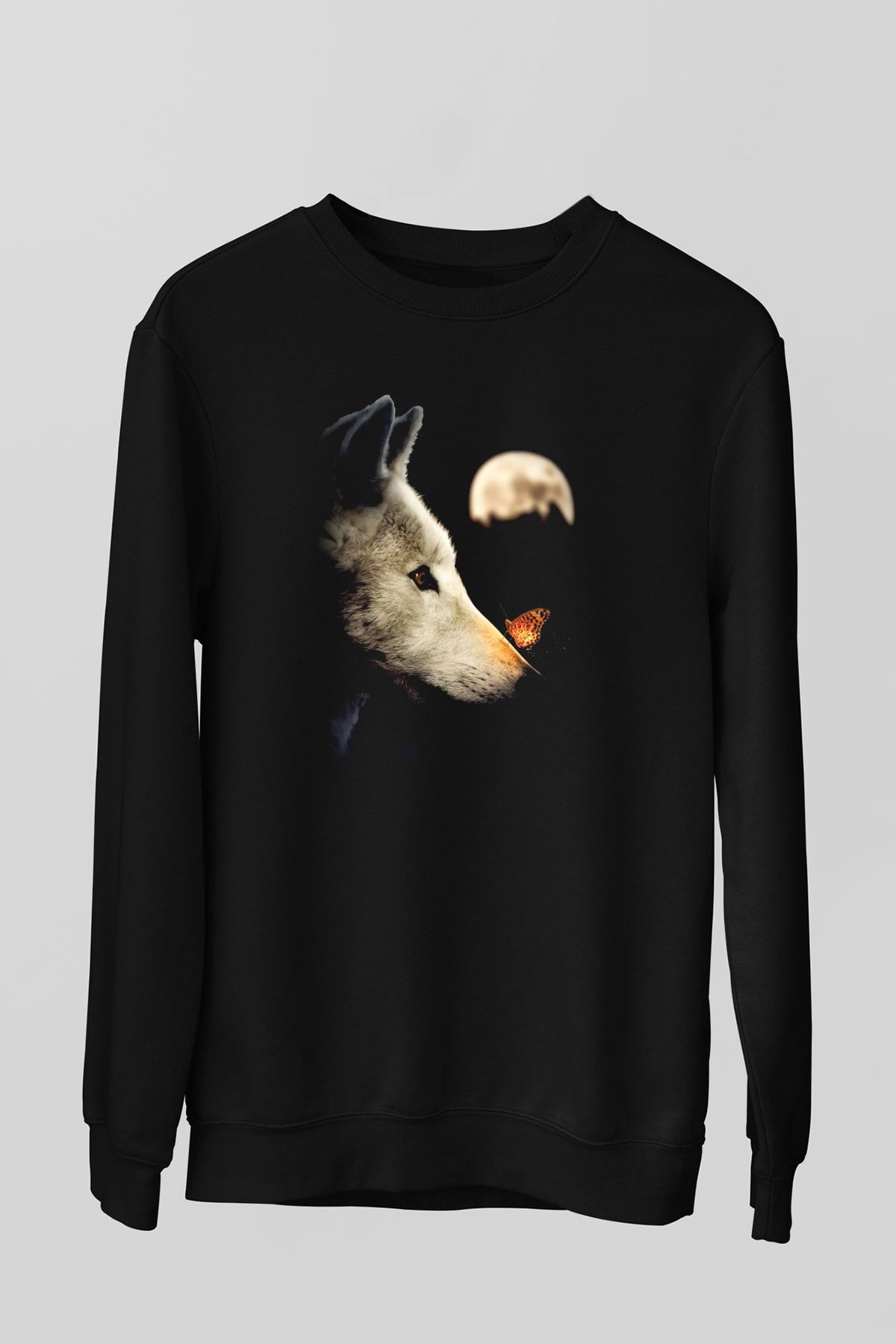 Kurt ve Ay Temalı Baskılı Siyah  Sweatshirt