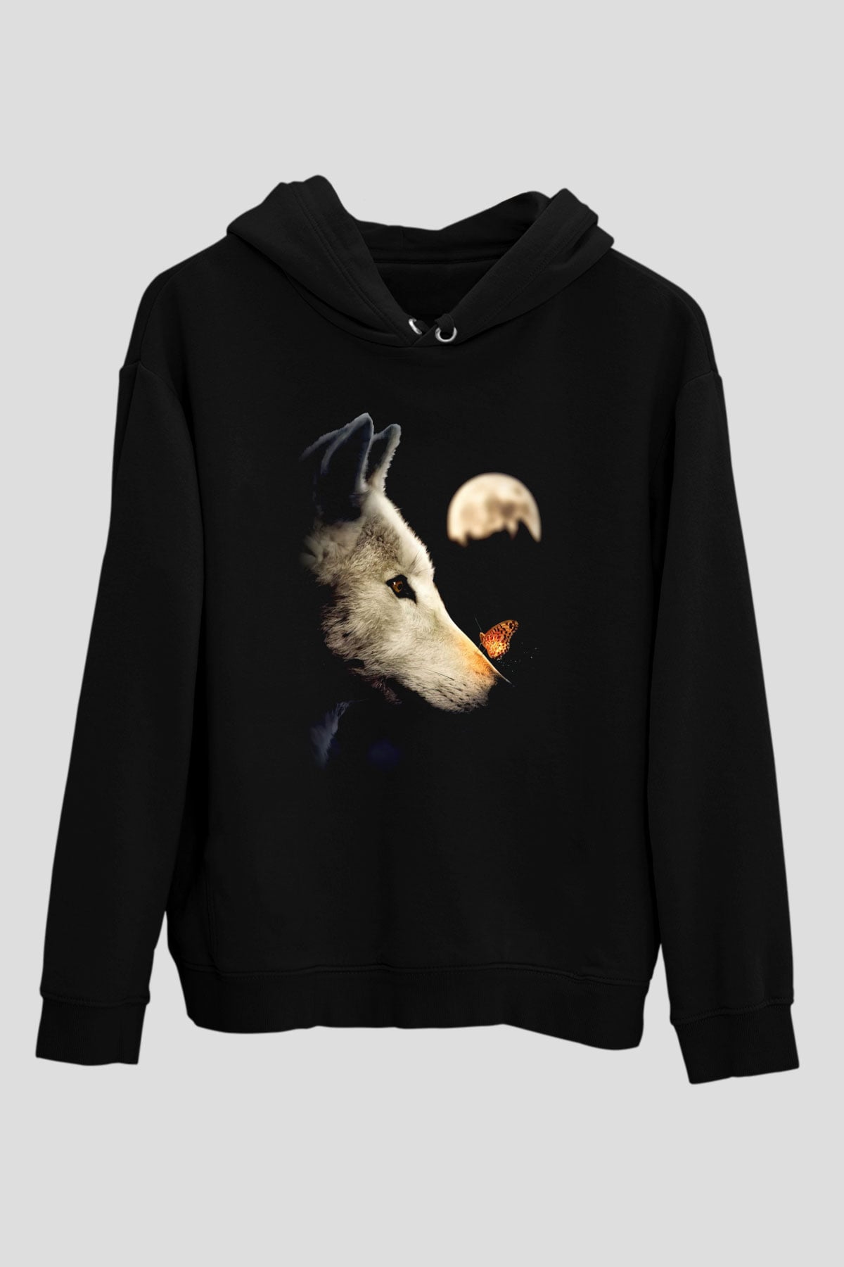Kurt ve Ay Temalı Siyah  Unisex Hoodie