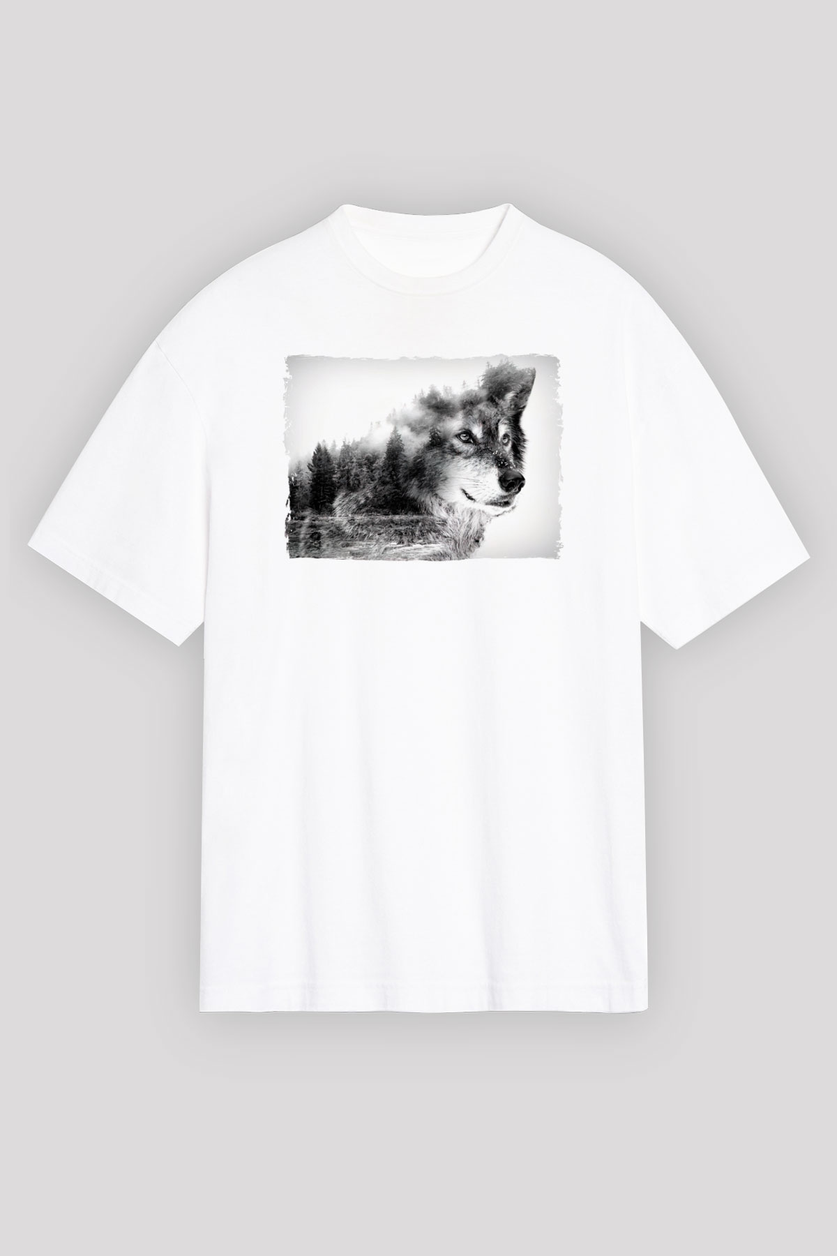 Kurt ve Doğa Baskılı Unisex Beyaz Tshirt