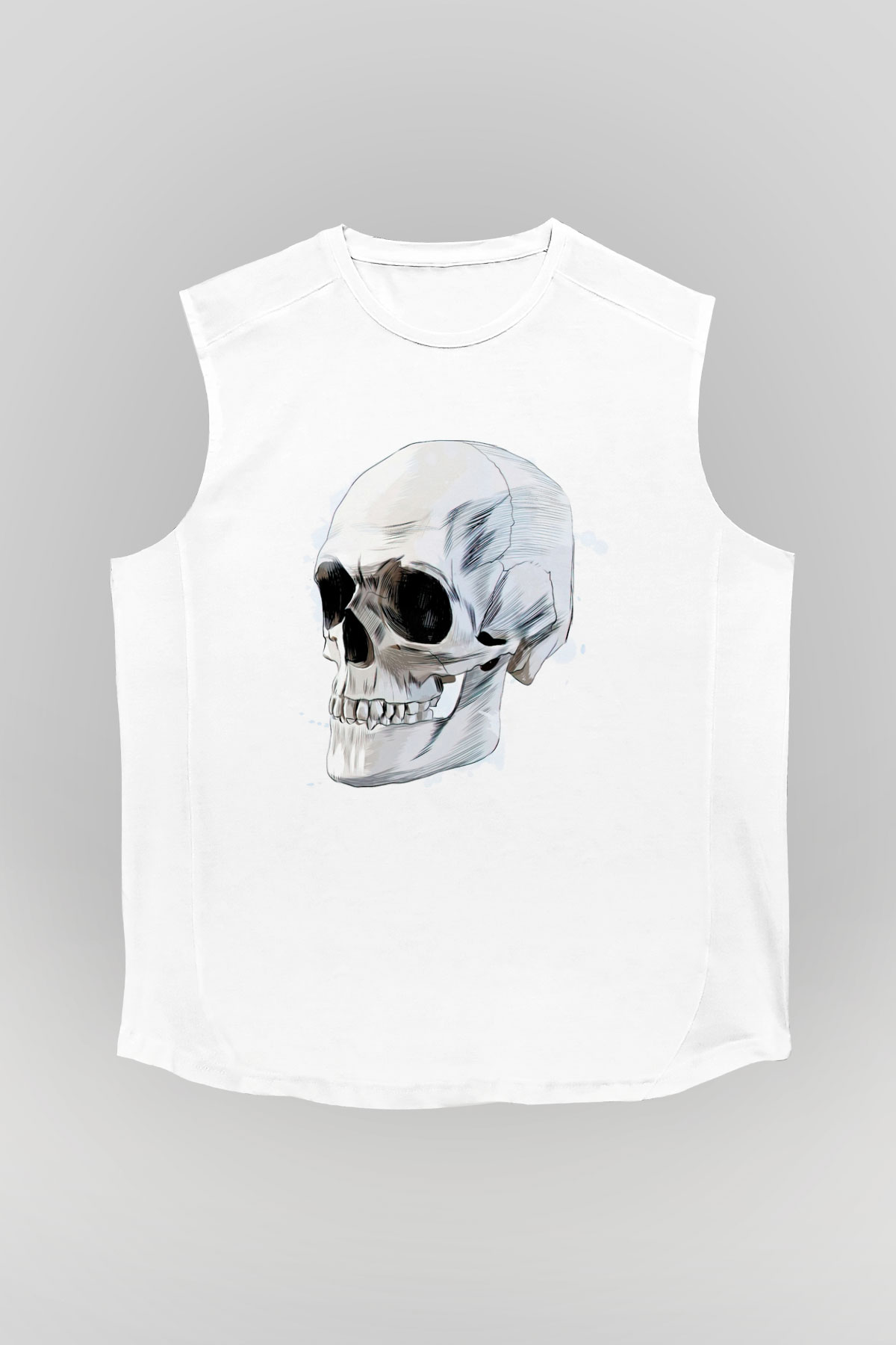 Kuru Kafa Skull Baskılı Unisex Beyaz  Kolsuz Tişört