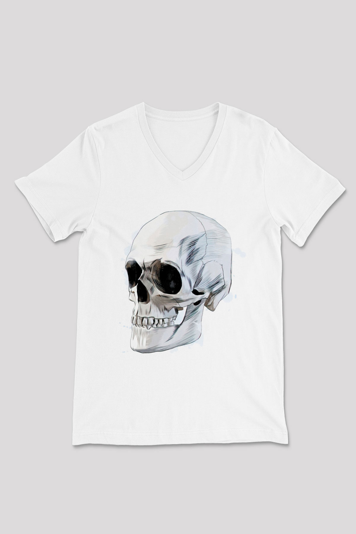 Kuru Kafa Skull Baskılı Unisex Beyaz  V Yaka Tişört