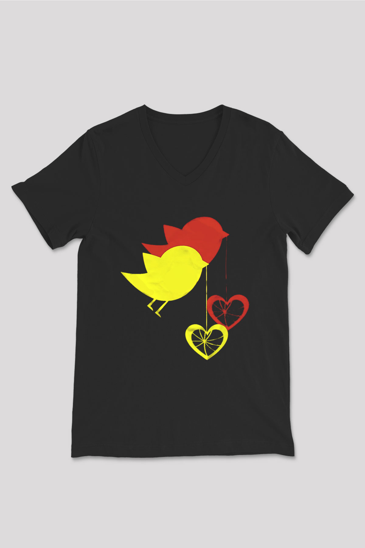 Kuş Siyah Unisex V Yaka Tişört T-Shirt