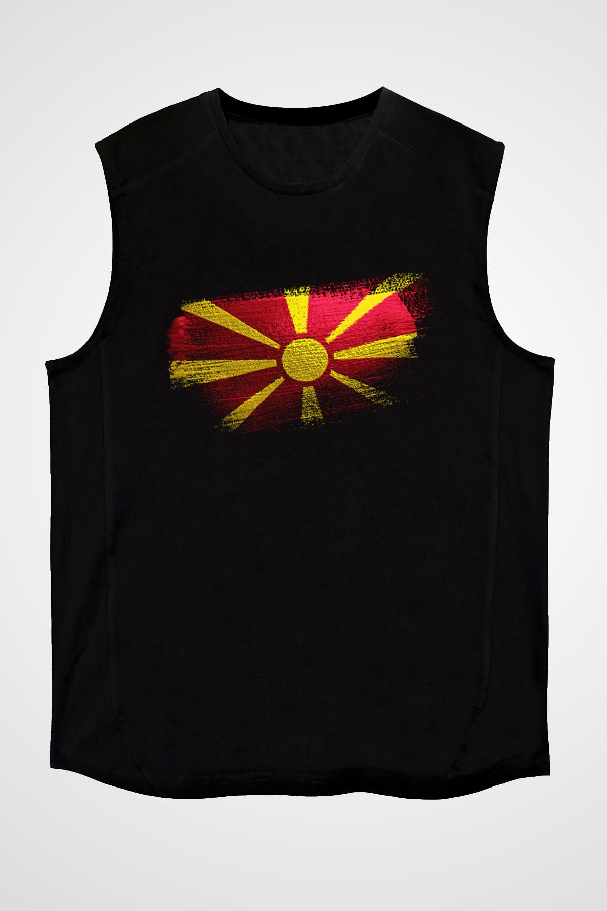 Kuzey Makedonya - North Macedonia Bayrağı Baskılı Unisex Siyah Kolsuz Tişört