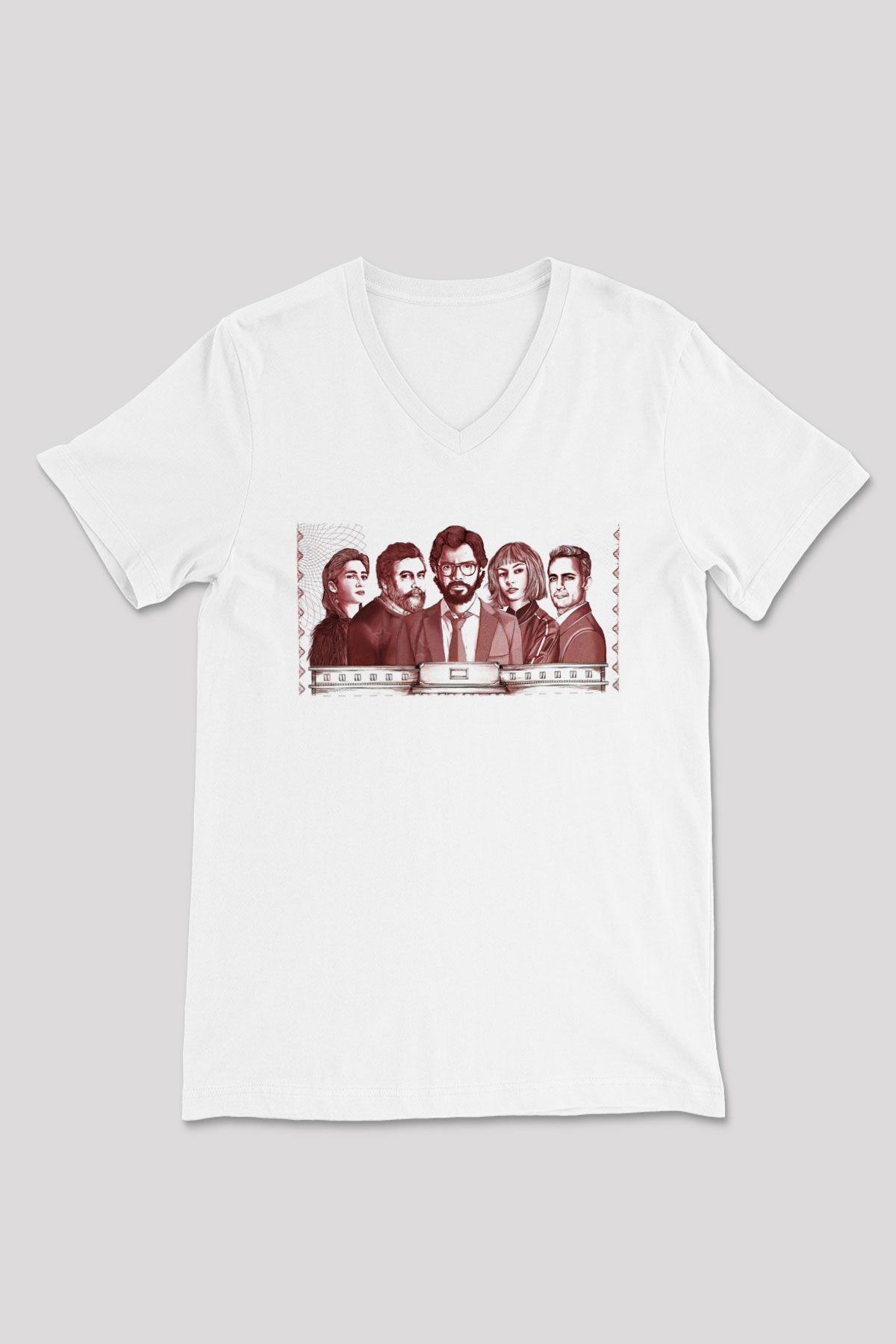 La casa de papel Beyaz Unisex V Yaka Tişört T-Shirt