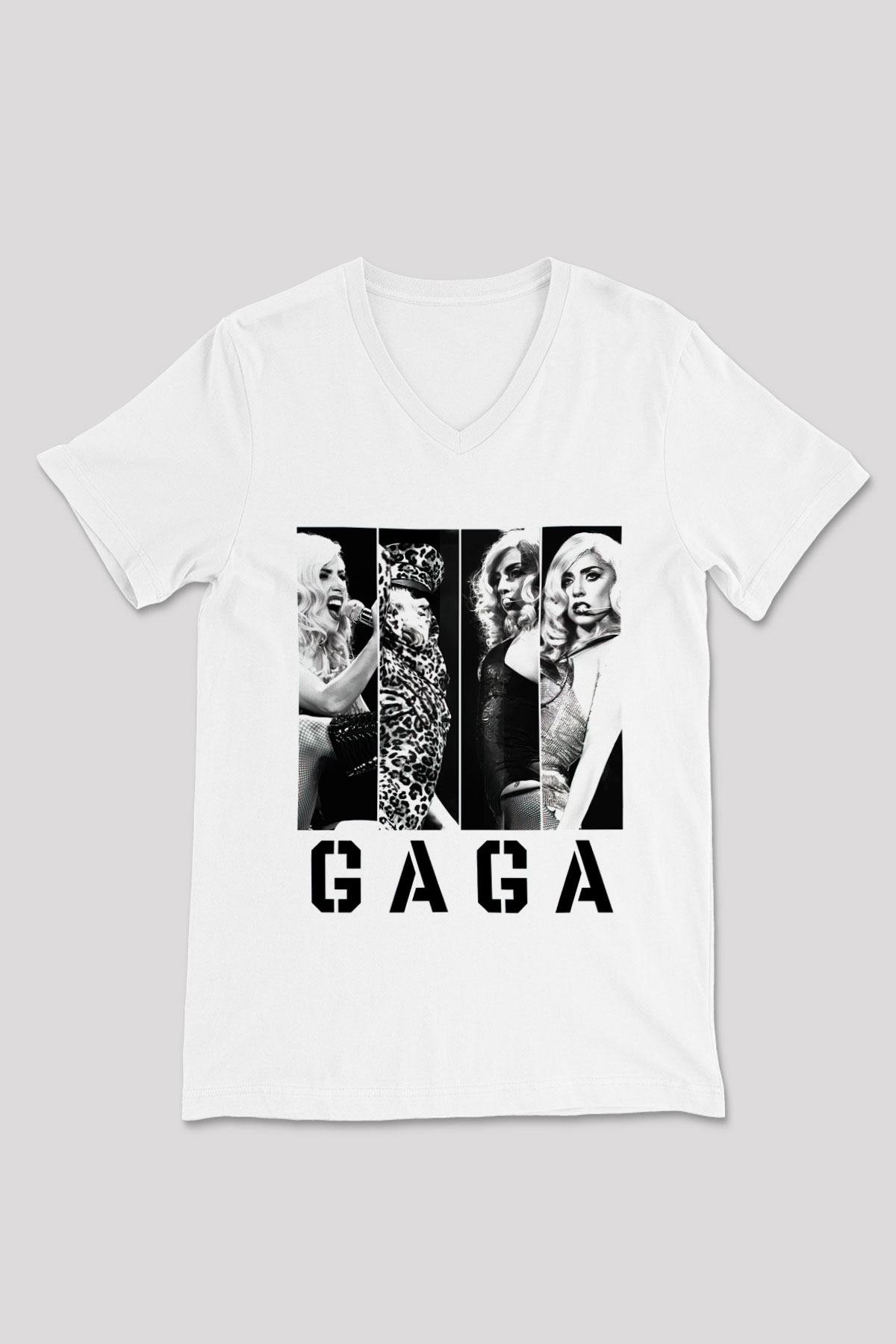 Lady Gaga Beyaz Unisex V Yaka Tişört T-Shirt