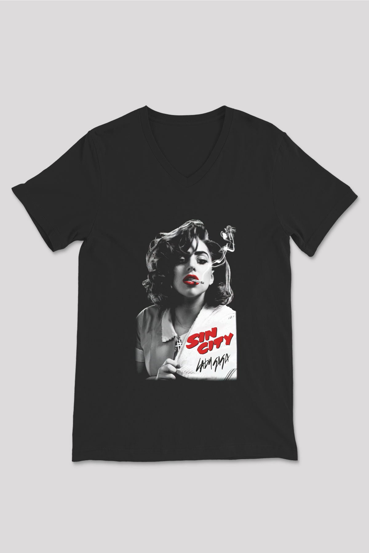 Lady Gaga Siyah Unisex V Yaka Tişört T-Shirt