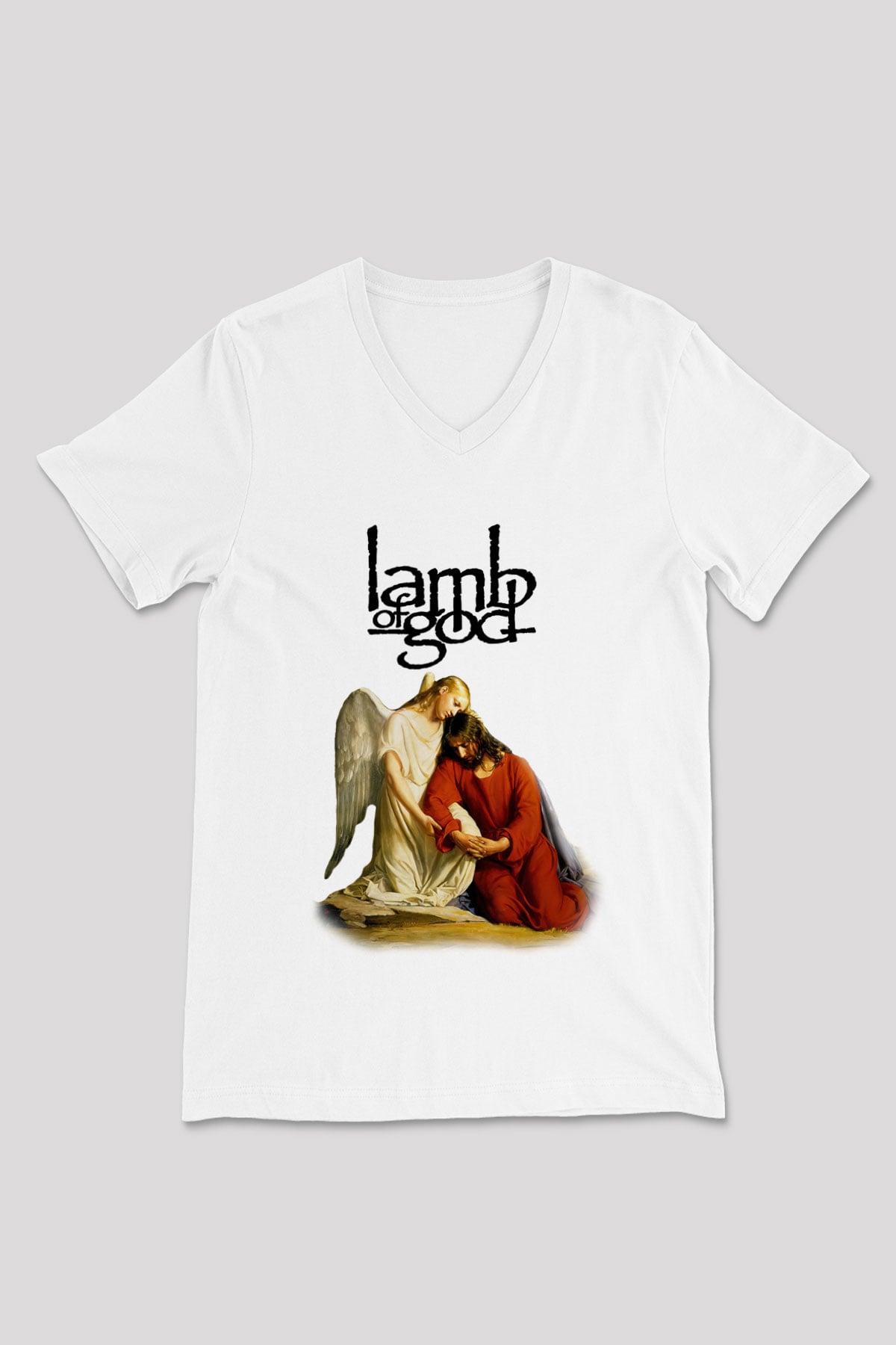 Lamb of God Beyaz Unisex V Yaka Tişört T-Shirt