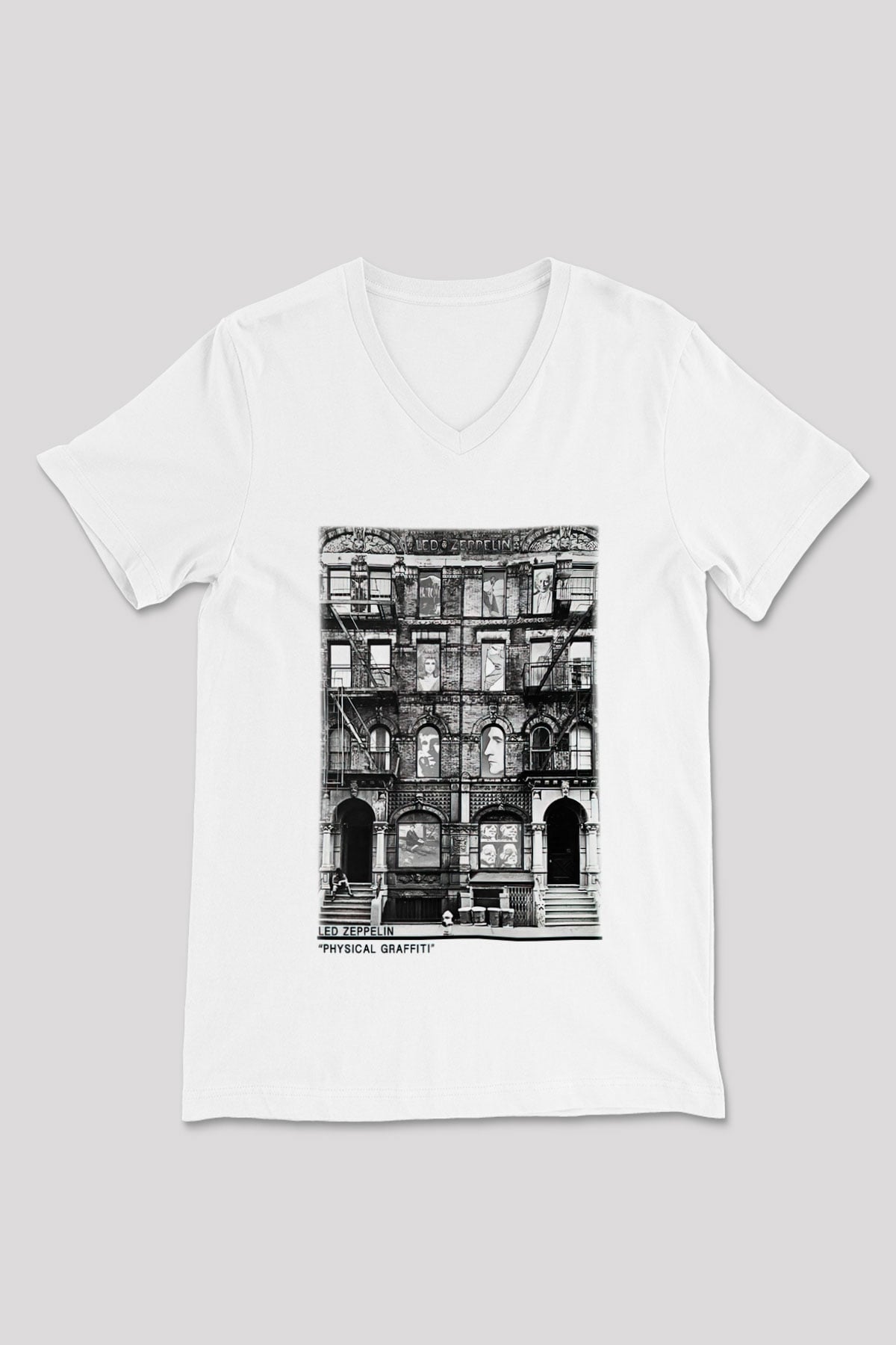 Led Zeppelin Beyaz Unisex V Yaka Tişört T-Shirt