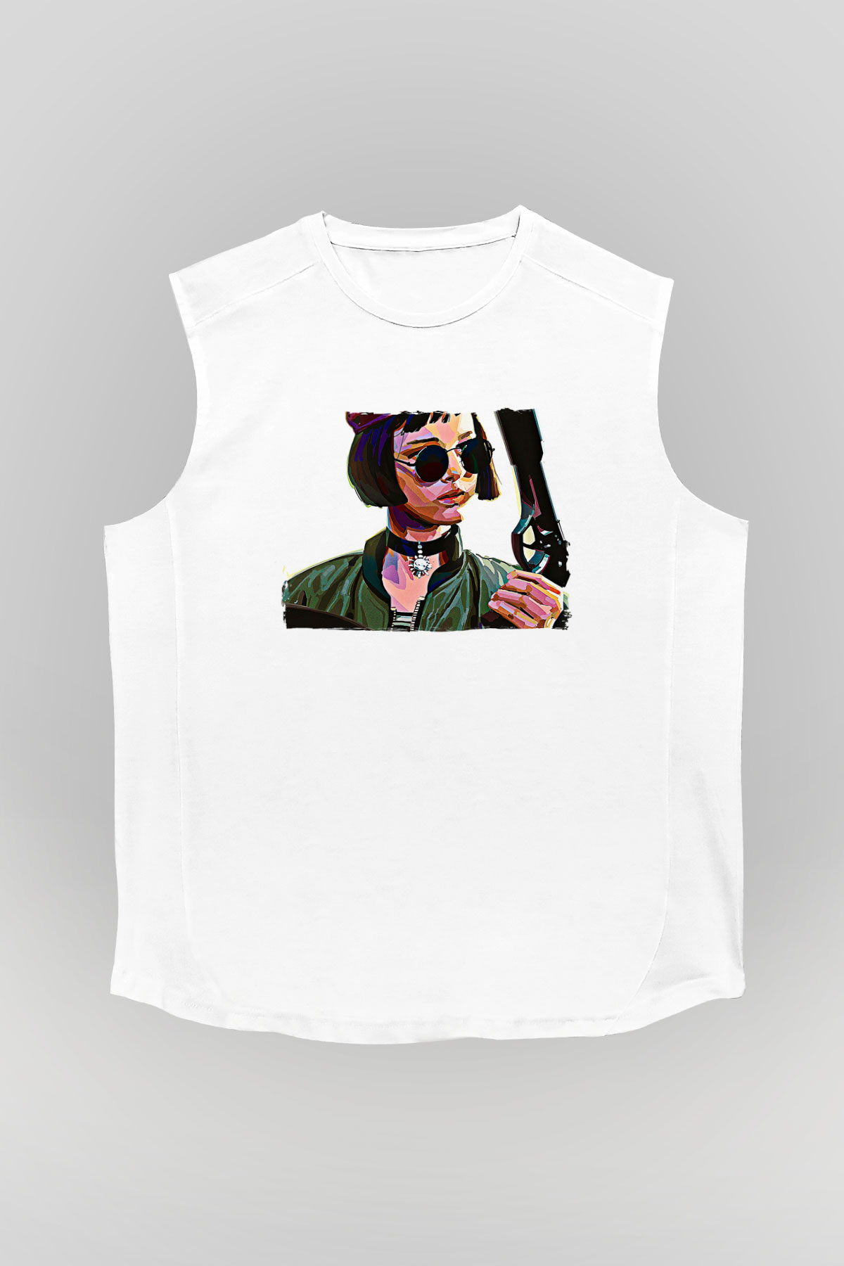 Leon Baskılı Beyaz Unisex Kolsuz Tişört - Tshirt