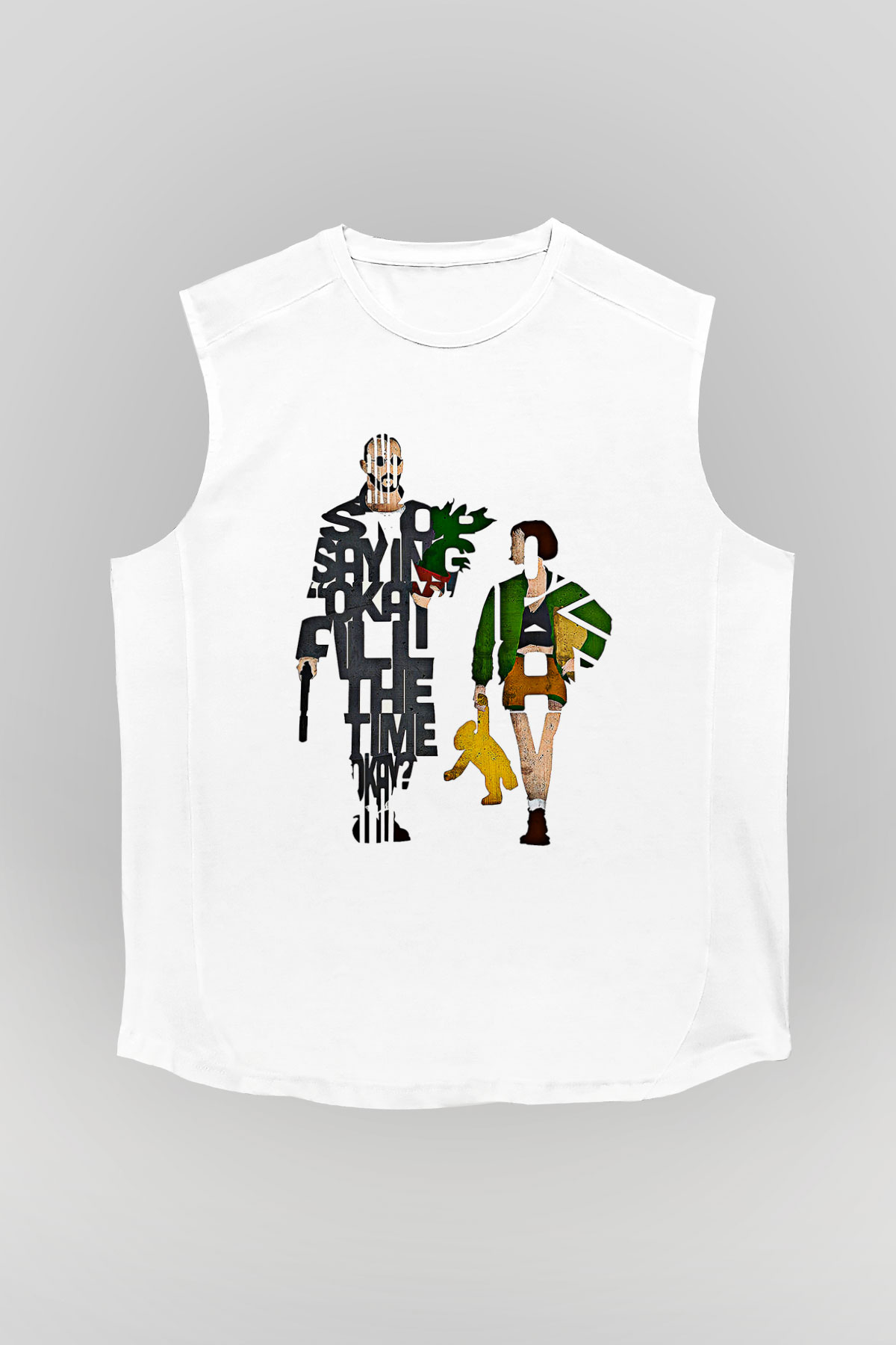 Leon Baskılı Beyaz Unisex Kolsuz Tişört - Tshirt