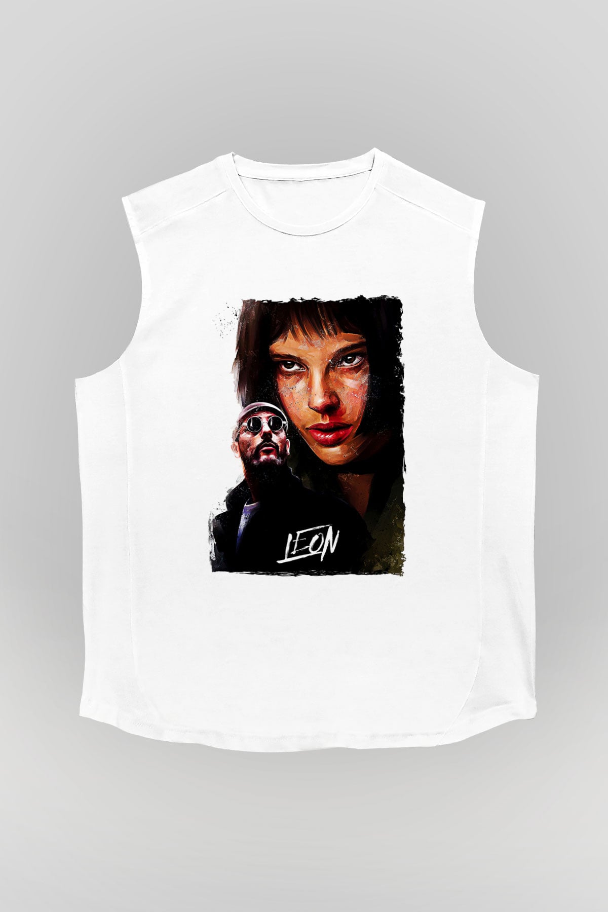 Leon Baskılı Beyaz Unisex Kolsuz Tişört - Tshirt