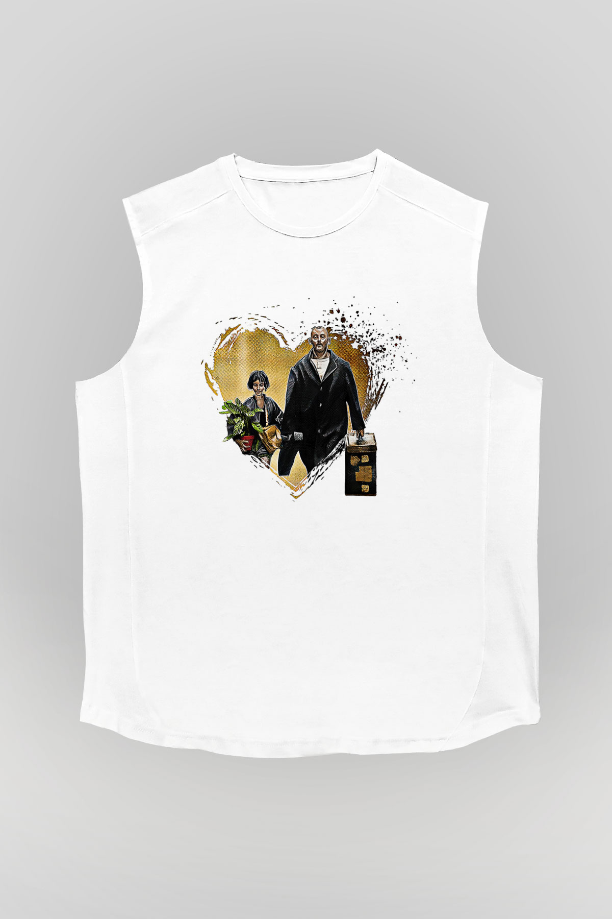 Leon Baskılı Beyaz Unisex Kolsuz Tişört - Tshirt