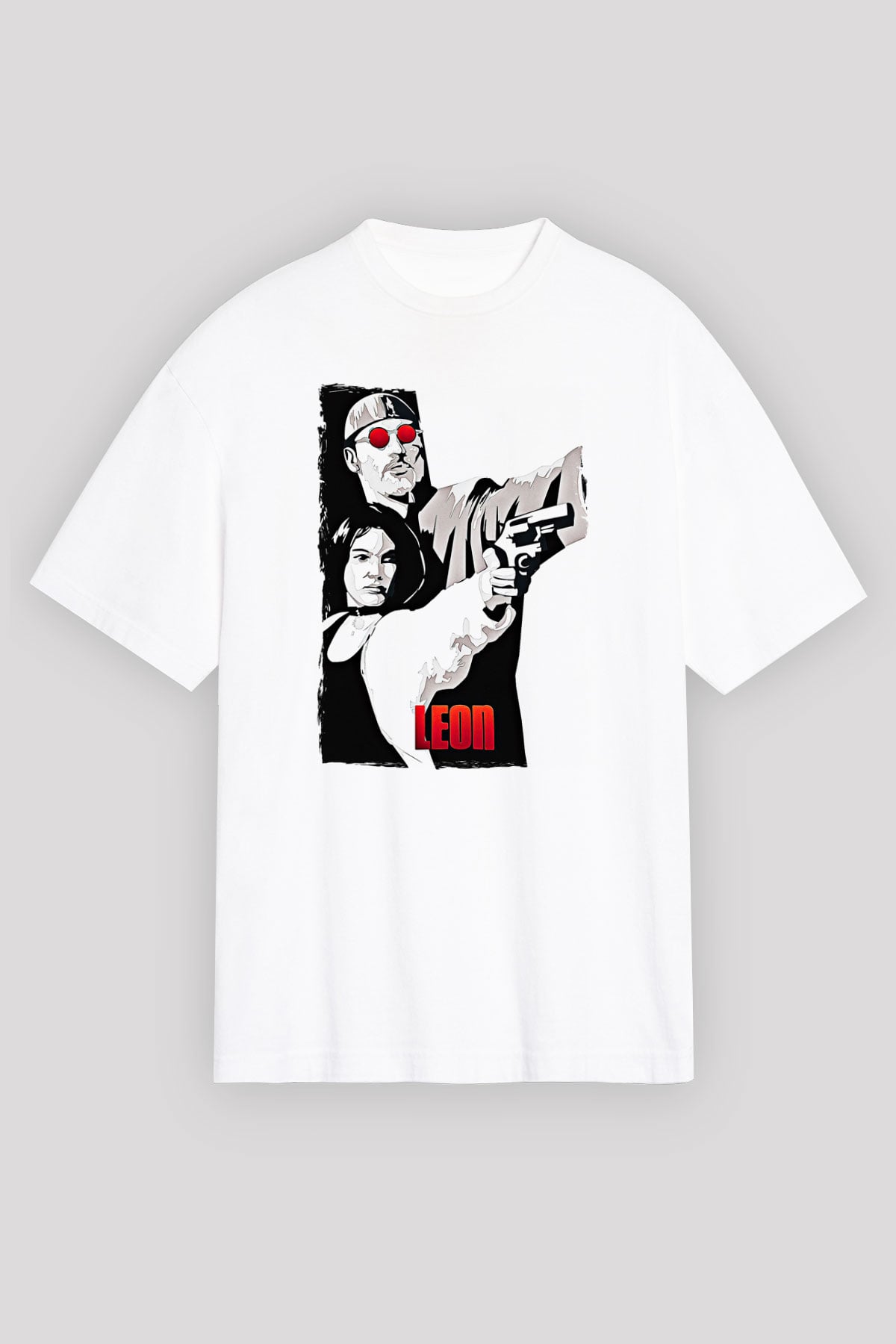 Leon Baskılı Beyaz Unisex Oversize Tişört - Tshirt