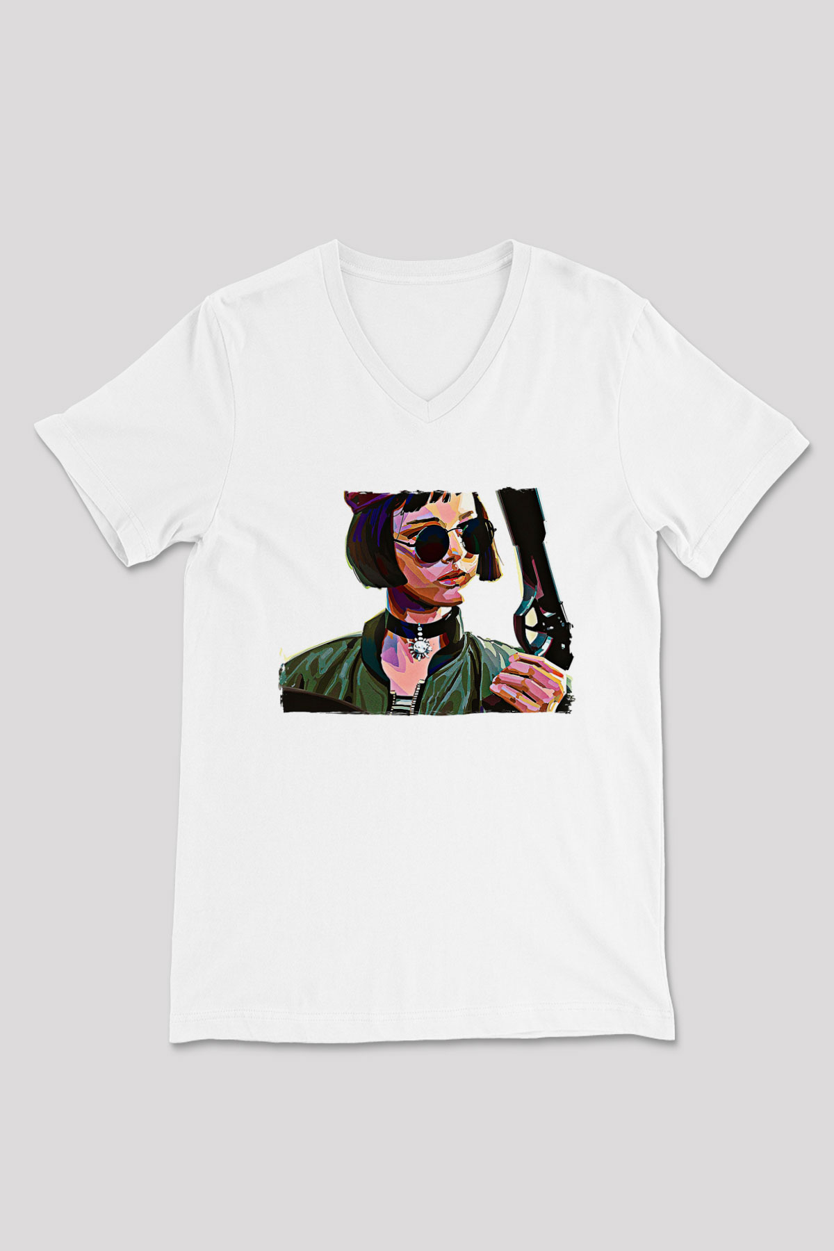 Leon Baskılı Beyaz Unisex V Yaka Tişört - Tshirt