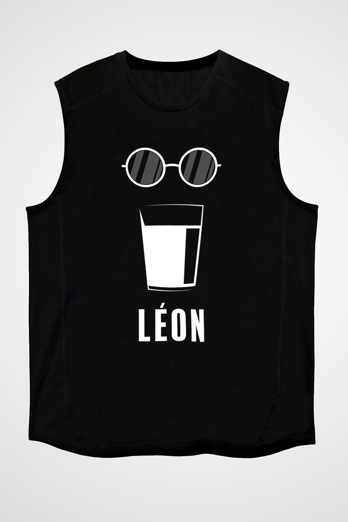 Leon Baskılı Unisex Siyah Kolsuz Tişört - Tshirt