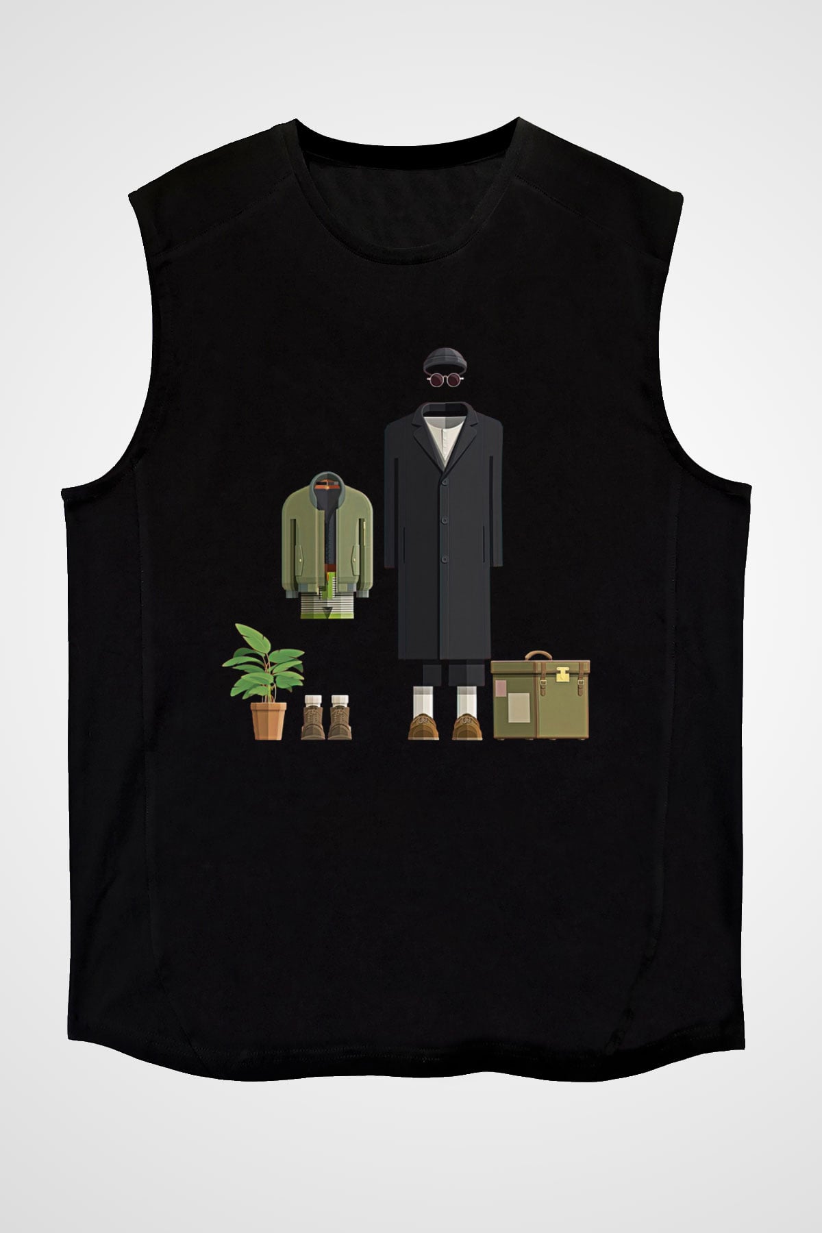 Leon Baskılı Unisex Siyah Kolsuz Tişört - Tshirt