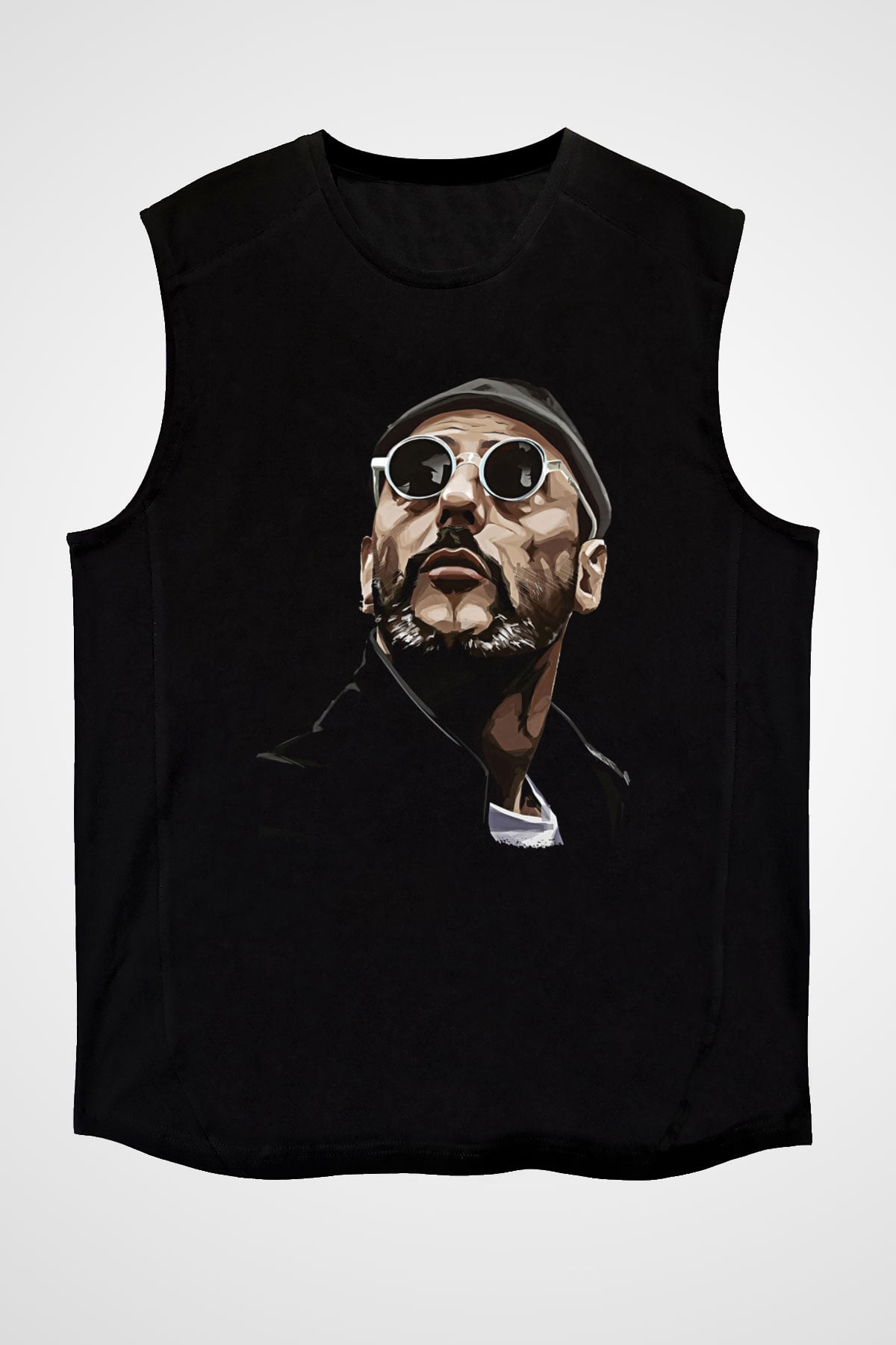 Leon Baskılı Unisex Siyah Kolsuz Tişört - Tshirt