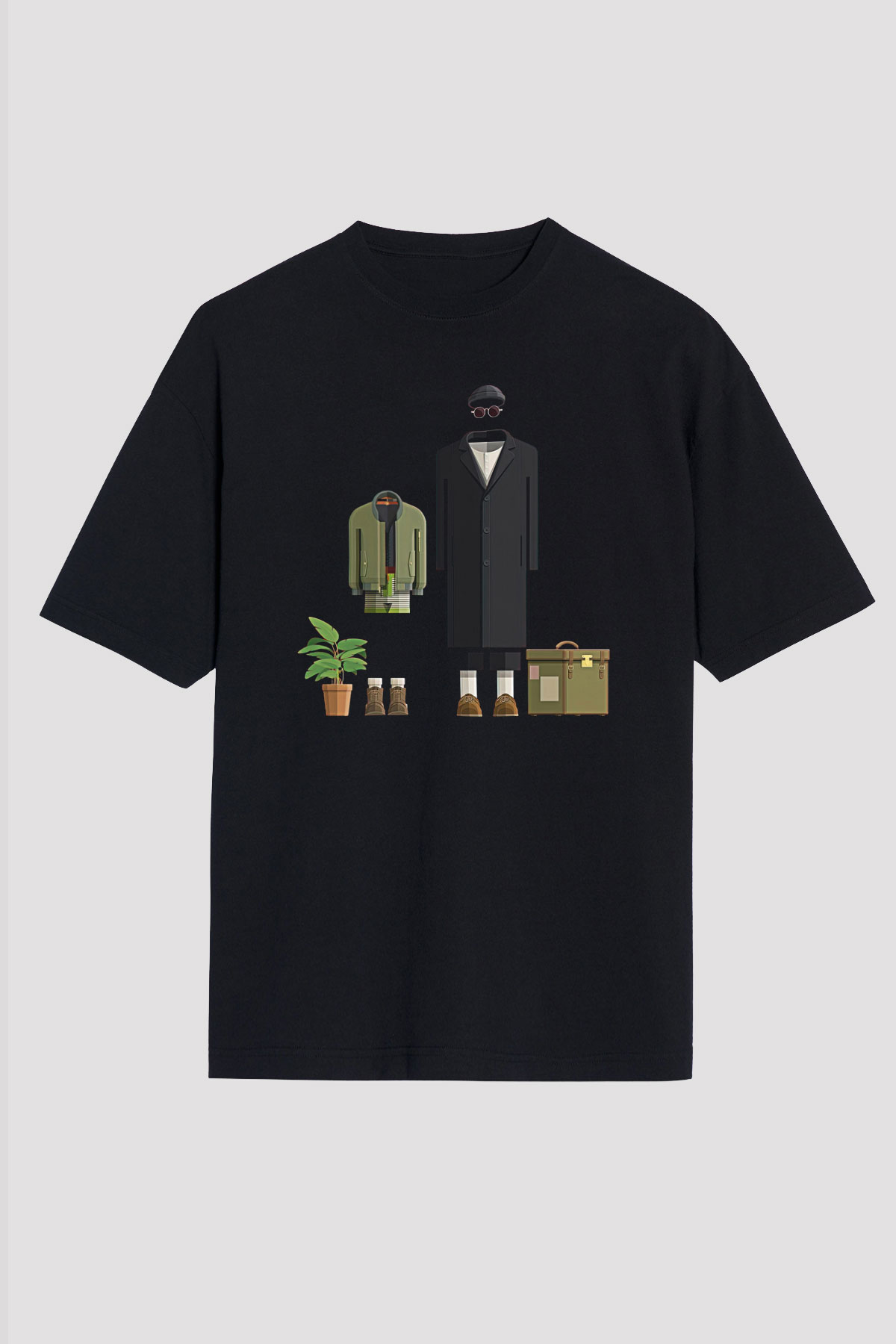 Leon Baskılı Unisex Siyah Oversize Tişört - Tshirt