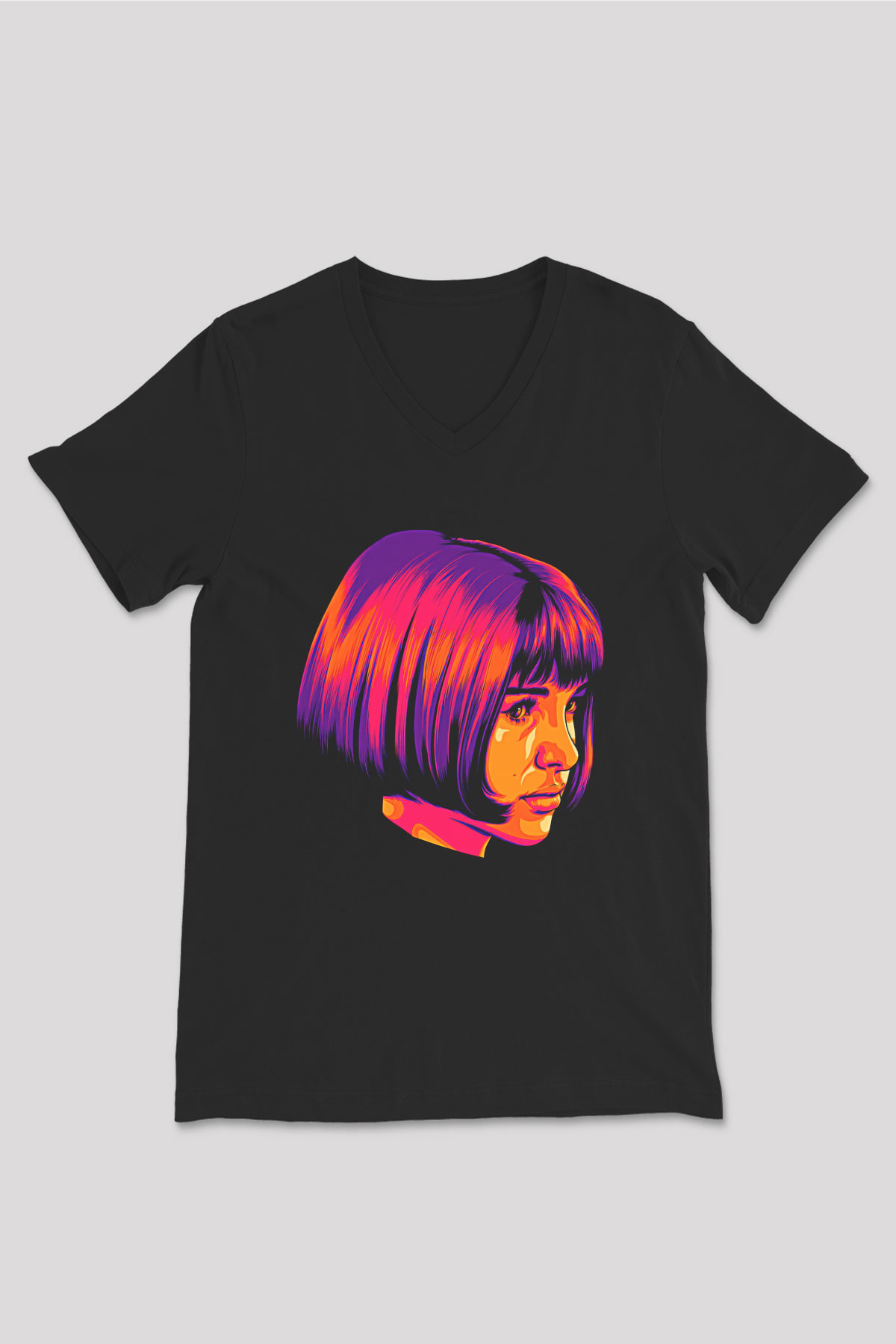 Leon Baskılı Unisex Siyah V Yaka Tişört - Tshirt