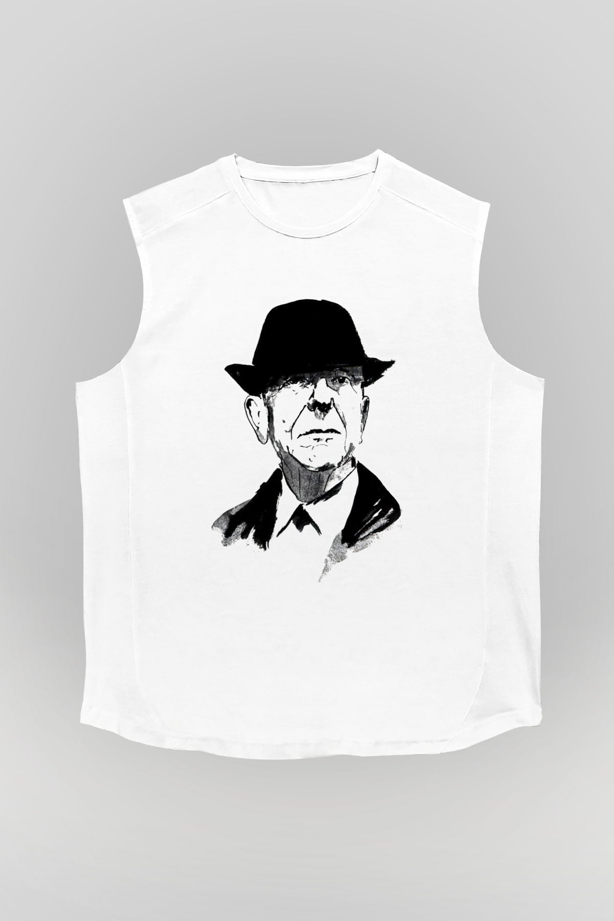 Leonard Cohen Baskılı Beyaz Unisex Kolsuz Tişört - Tshirt