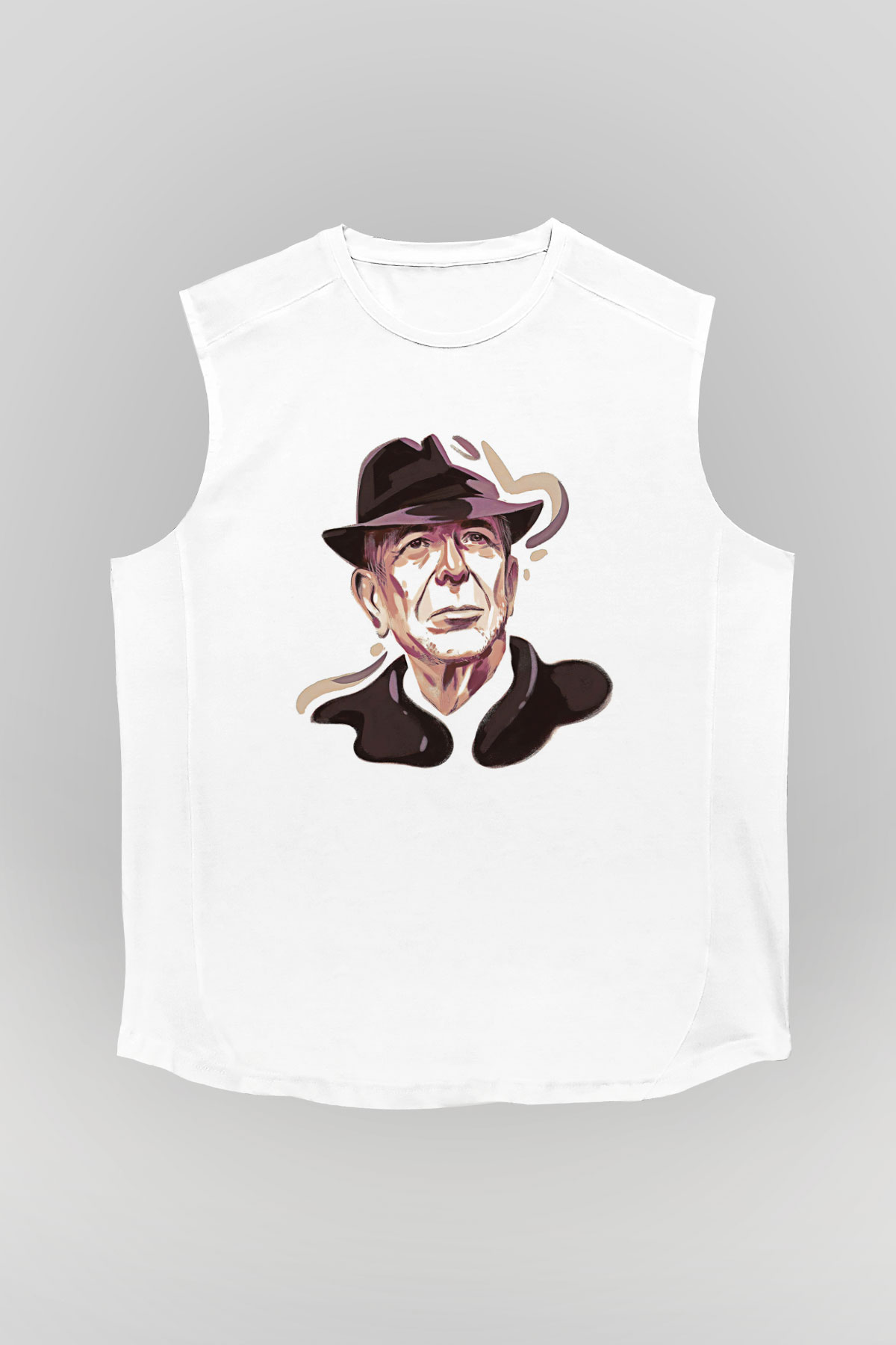 Leonard Cohen Baskılı Beyaz Unisex Kolsuz Tişört - Tshirt