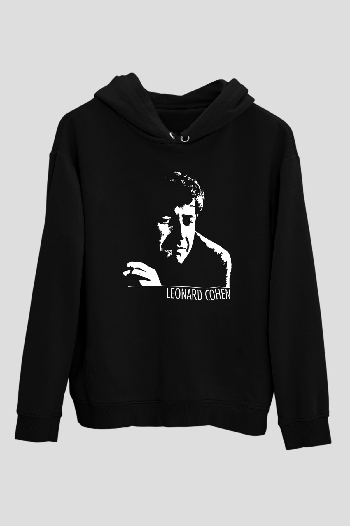 Leonard Cohen Baskılı Unisex Siyah Kapüşonlu Sweatshirt
