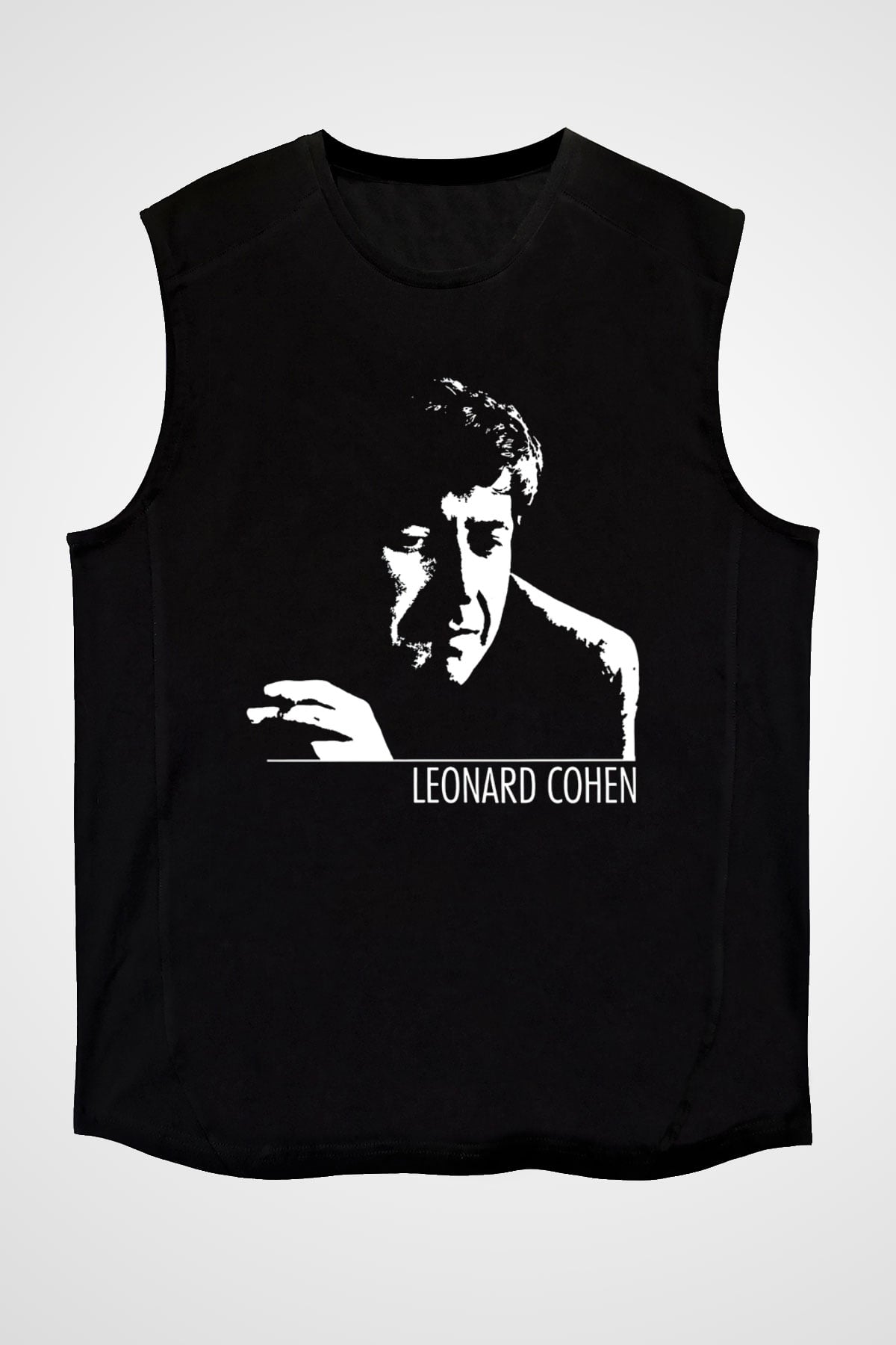 Leonard Cohen Baskılı Unisex Siyah Kolsuz Tişört - Tshirt