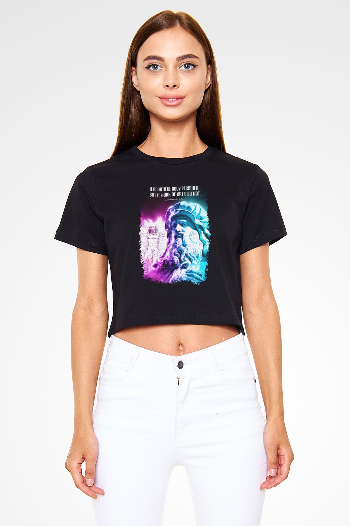 Leonardo Da Vinci Alıntı Baskılı Crop Top Kadın Tİşört - Tshirt