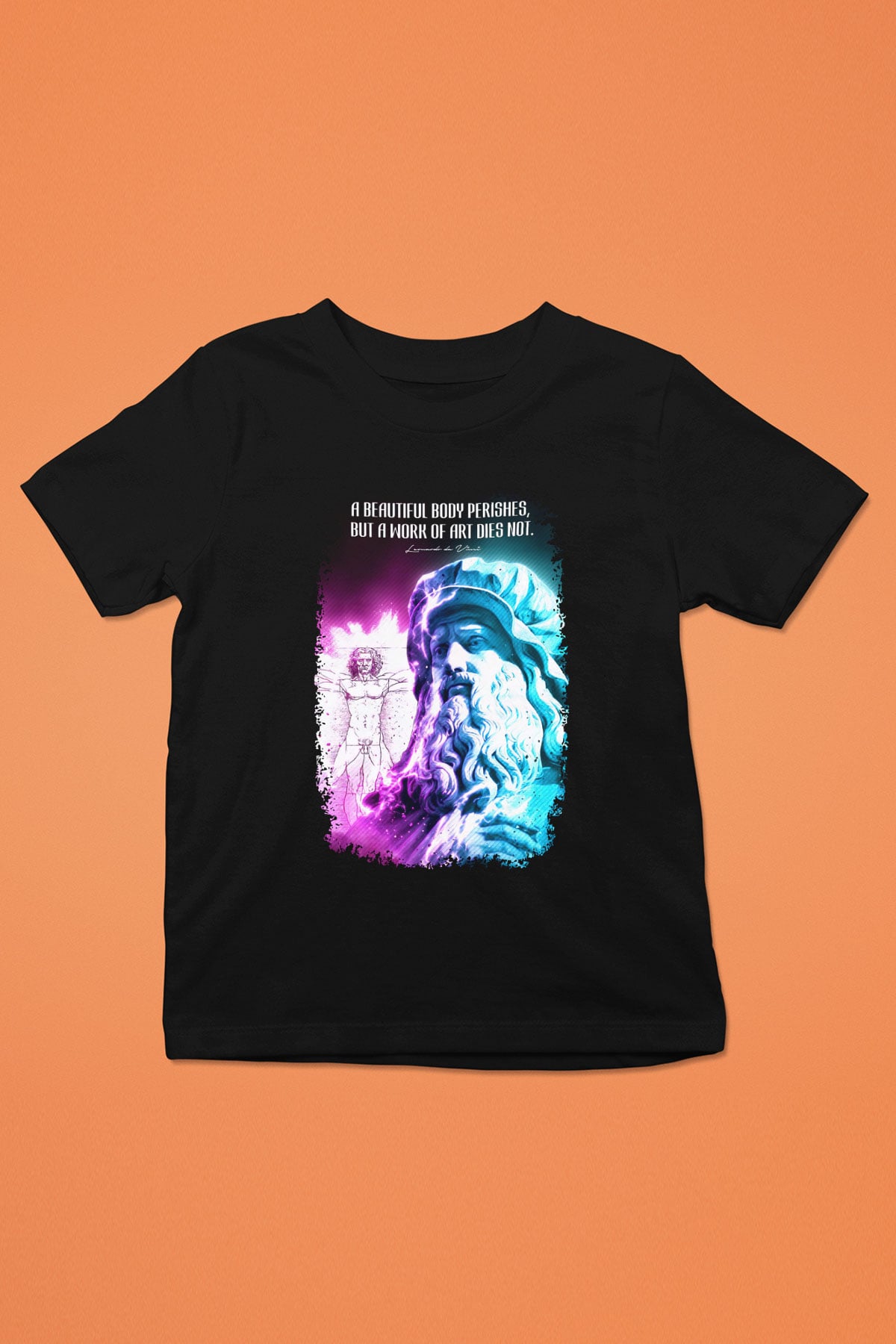 Leonardo Da Vinci Alıntı Baskılı Unisex Siyah Çocuk Tişörtü - Tshirt