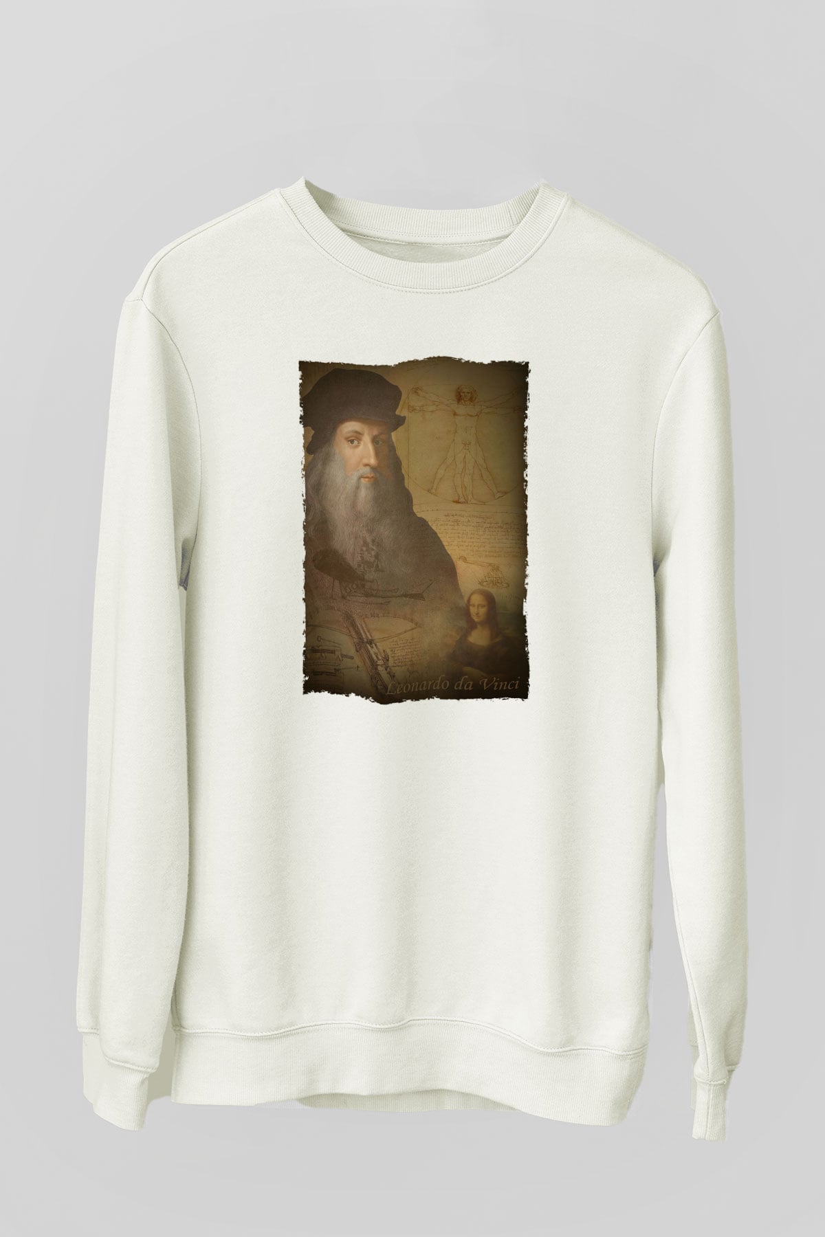 Leonardo da Vinci Baskılı Unisex Ekru Sweatshirt
