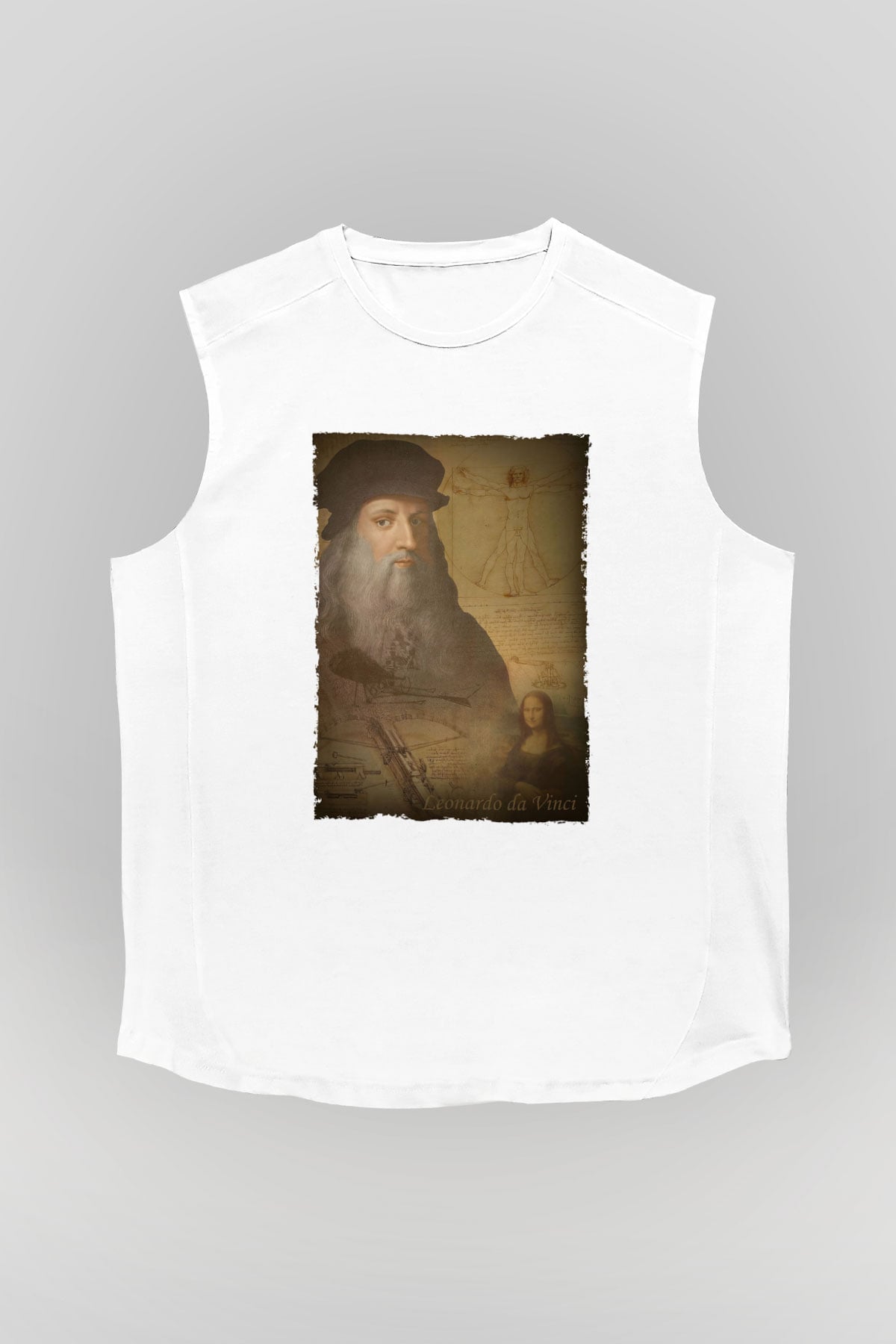Leonardo da Vinci Baskılı Unisex Kolsuz Beyaz Tişört - Tshirt