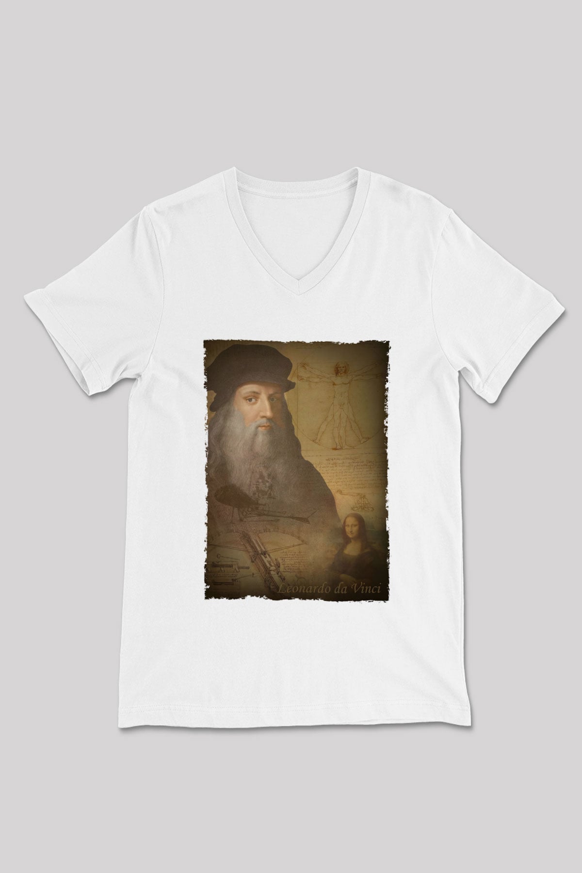Leonardo da Vinci Baskılı Unisex V Yaka Beyaz Tişört - Tshirt