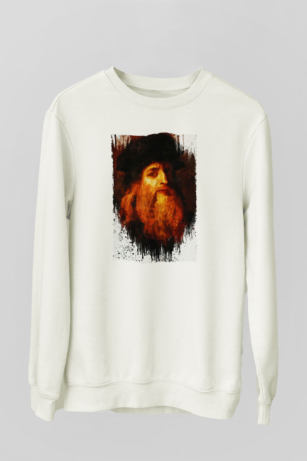 Leonardo da Vinci Portre Baskılı Unisex Ekru Sweatshirt