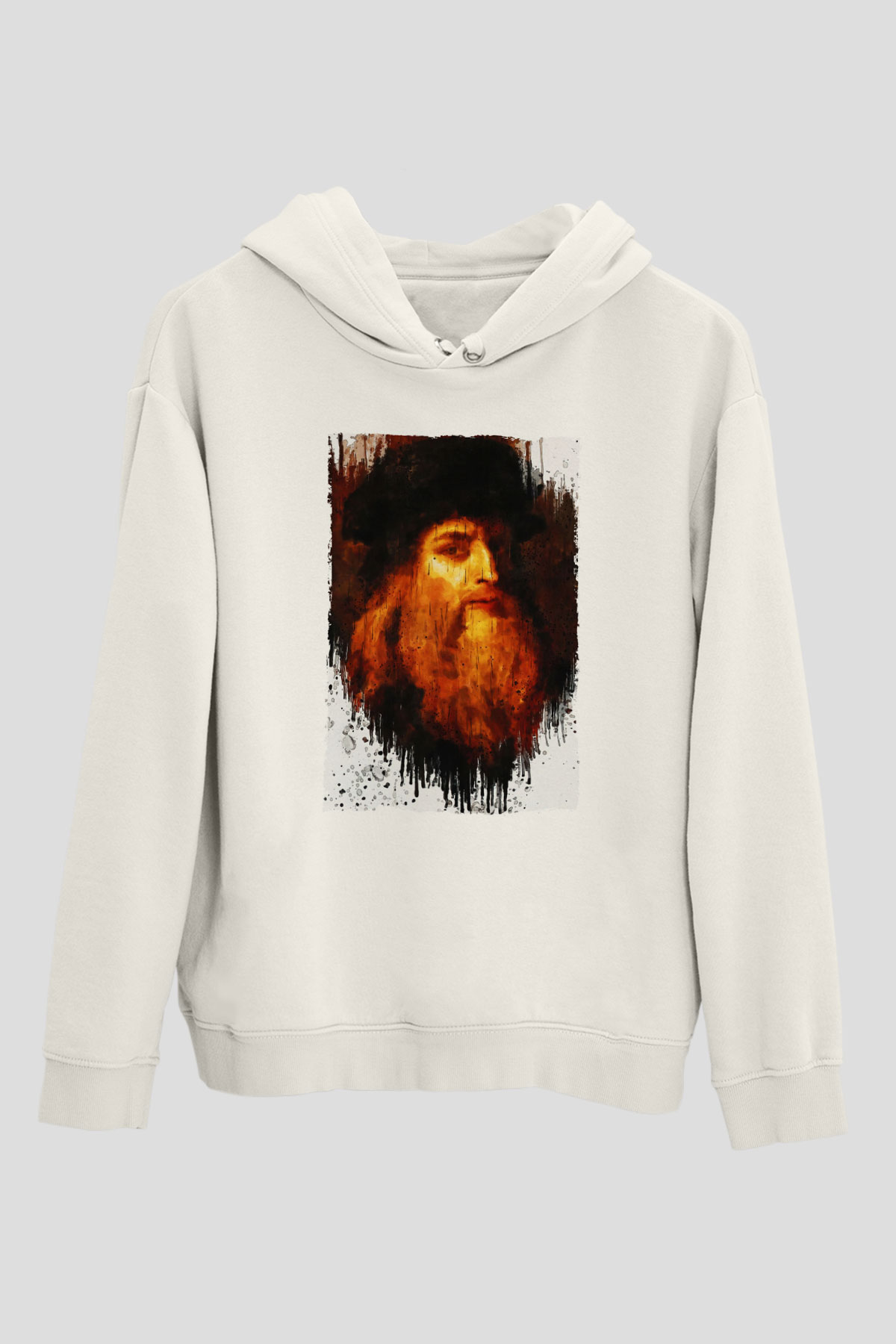 Leonardo da Vinci Portre Baskılı Unisex Ekru Hoodie